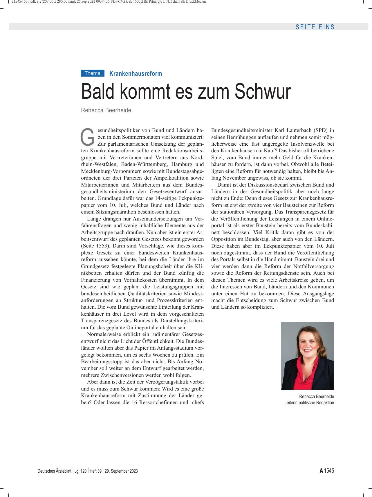 Vorschauseite 1: Krankenhausreform: Bald kommt es zum Schwur