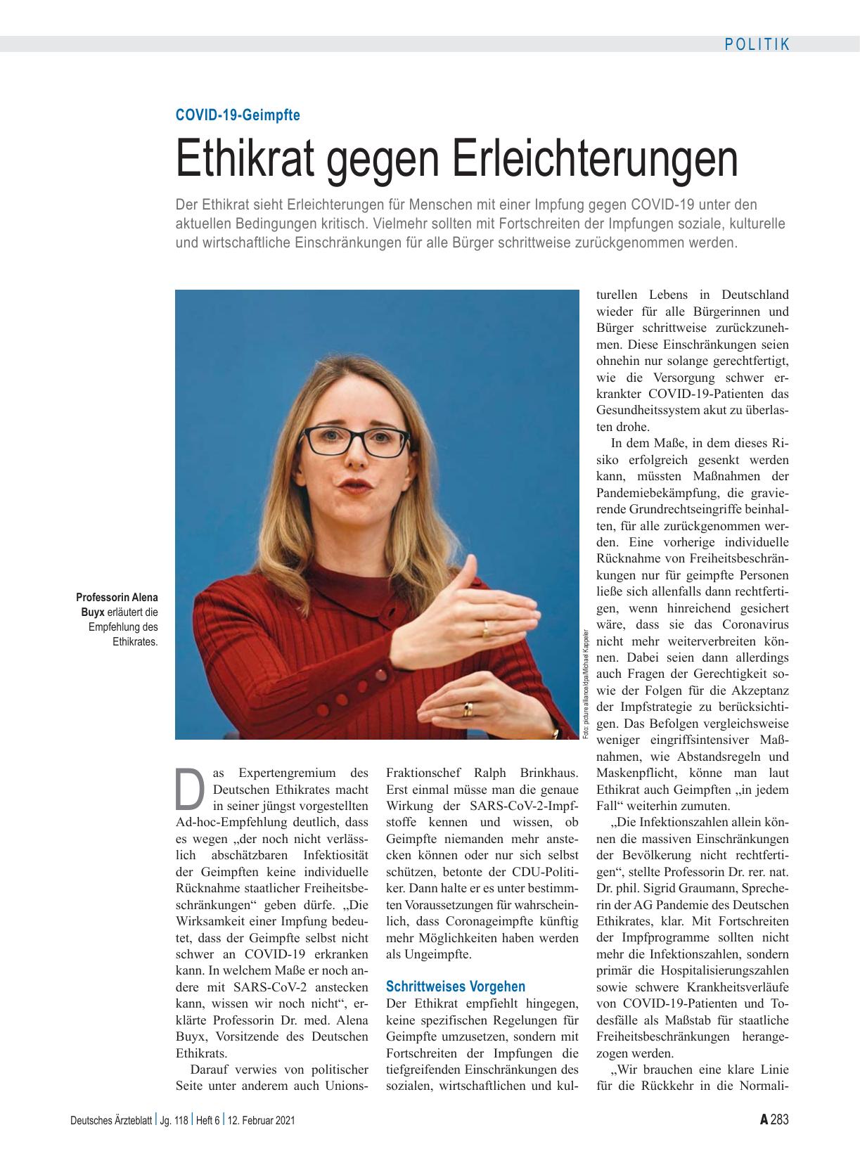 Vorschauseite 1: COVID-19-Geimpfte: Ethikrat gegen Erleichterungen