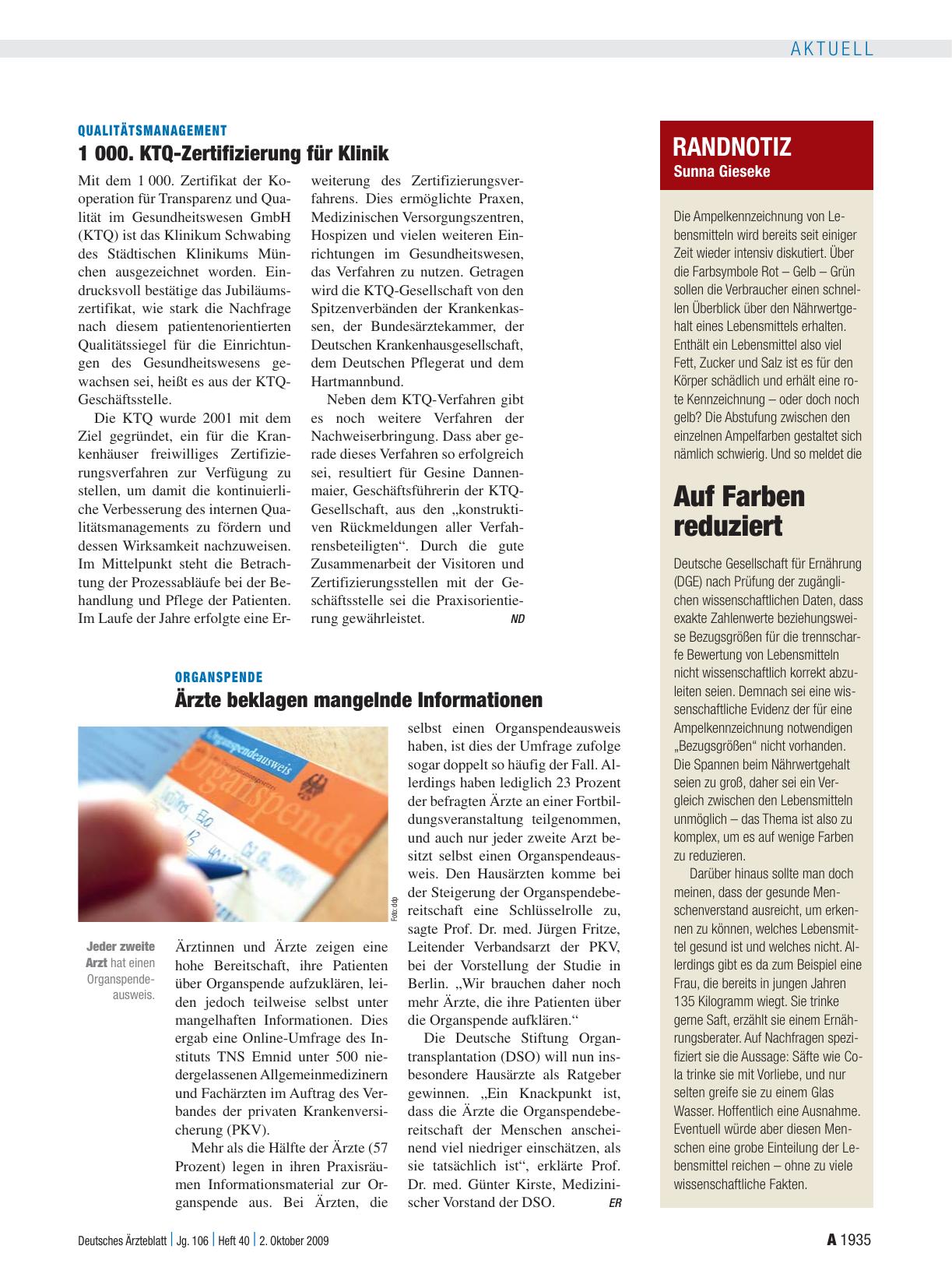 Vorschauseite 1: Organspende: Ärzte beklagen mangelnde Informationen