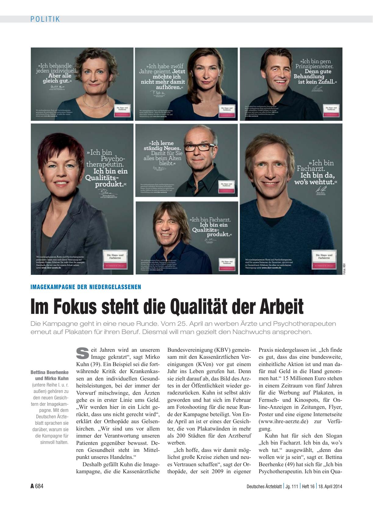 Vorschauseite 1: Imagekampagne der Niedergelassenen: Im Fokus steht die Qualität der Arbeit