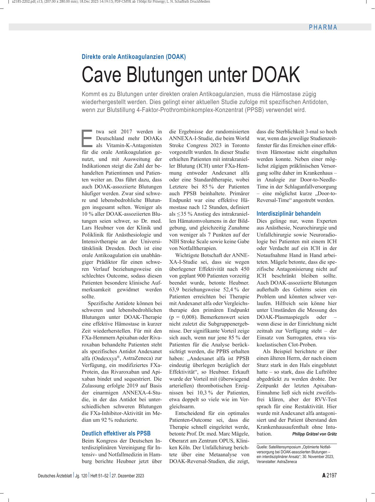 Vorschauseite 1: Direkte orale Antikoagulanzien (DOAK): Vorsicht vor Blutungen unter DOAK