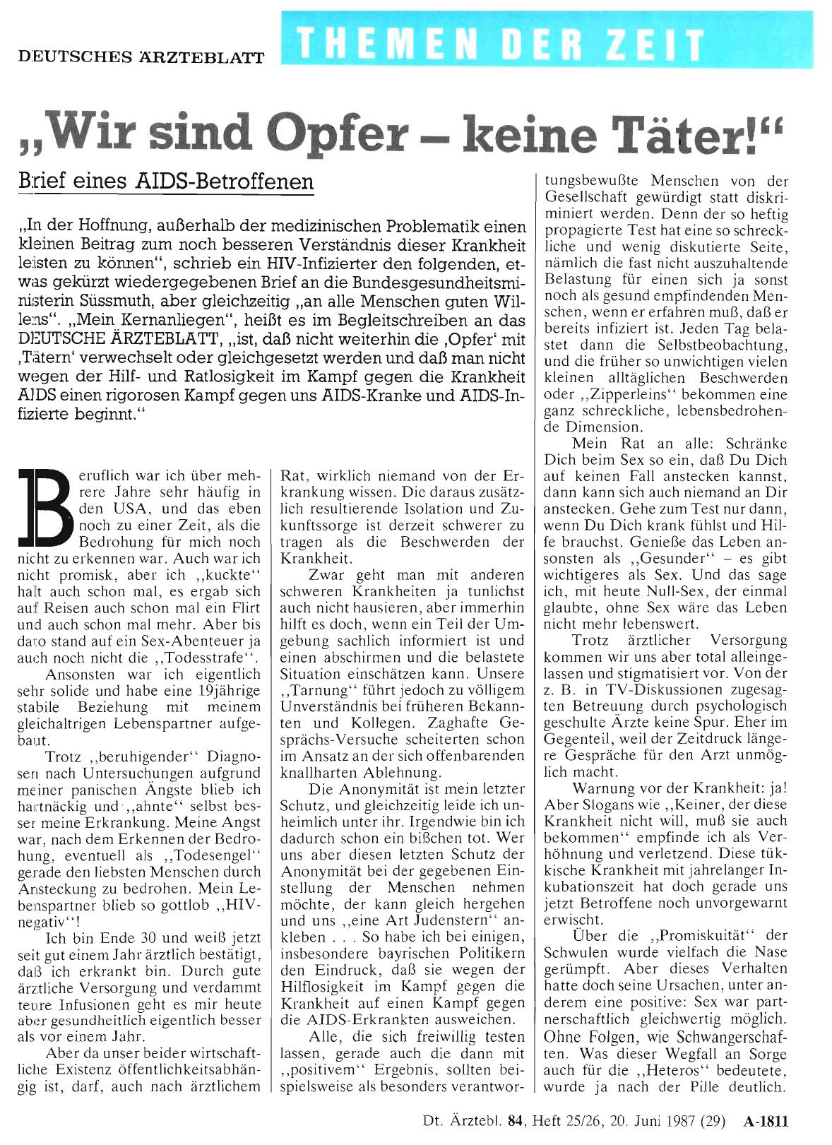 Vorschauseite 1: „Wir sind Opfer keine Täter! “ - Brief eines AIDS-Betroffenen