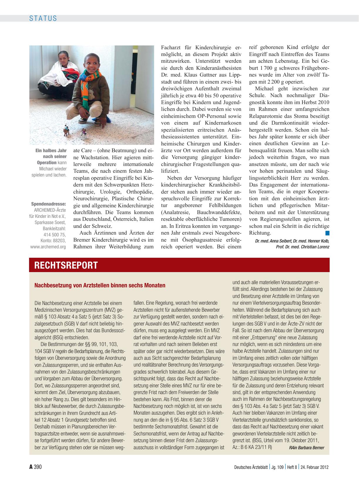 Vorschauseite 1: Nachbesetzung von Arztstellen binnen sechs Monaten