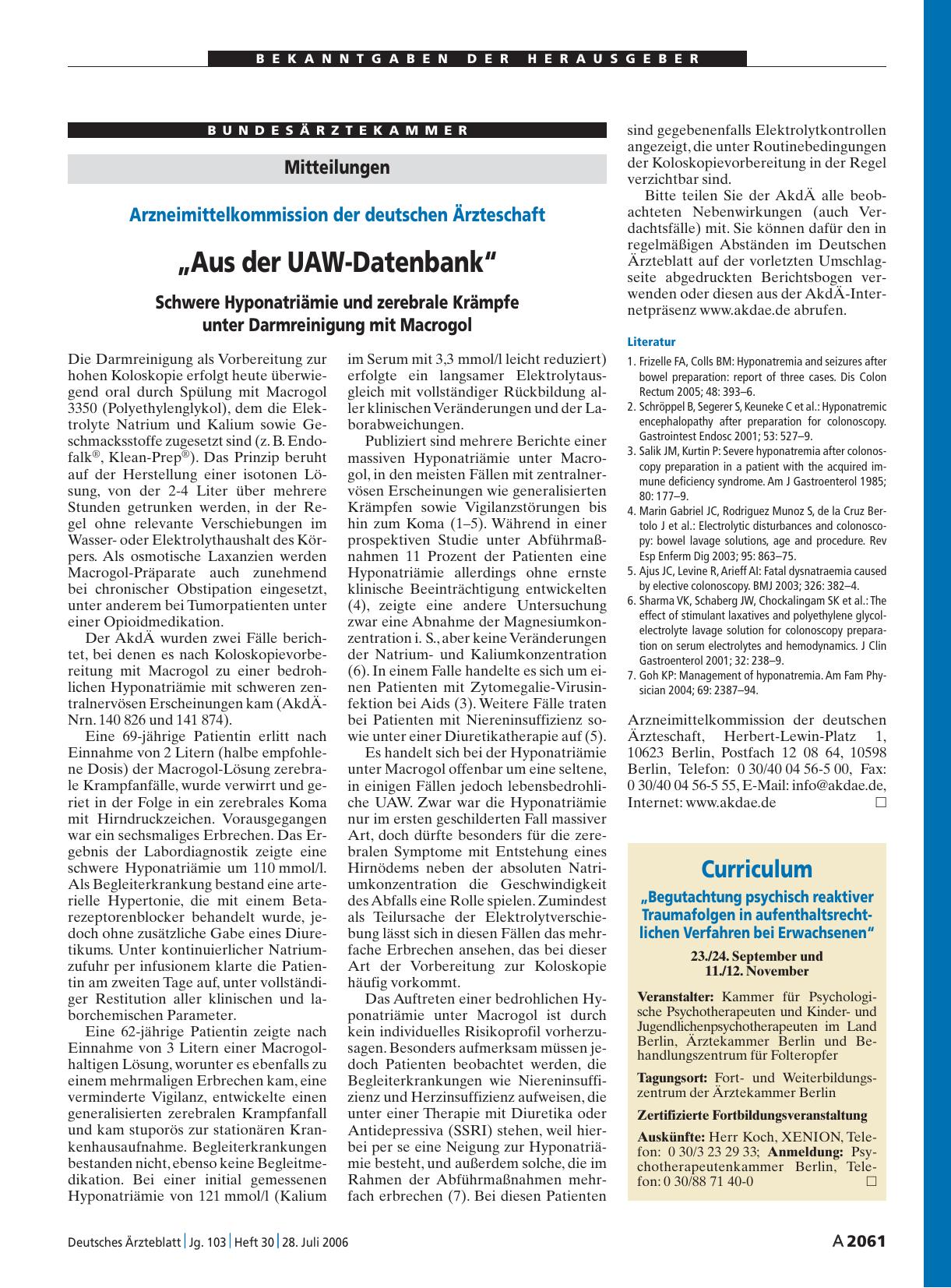 Vorschauseite 1: Arzneimittelkommission der deutschen Ärzteschaft: „Aus der UAW-Datenbank“ Schwere Hyponatriämie und zerebrale Krämpfe unter Darmreinigung mit Macrogol