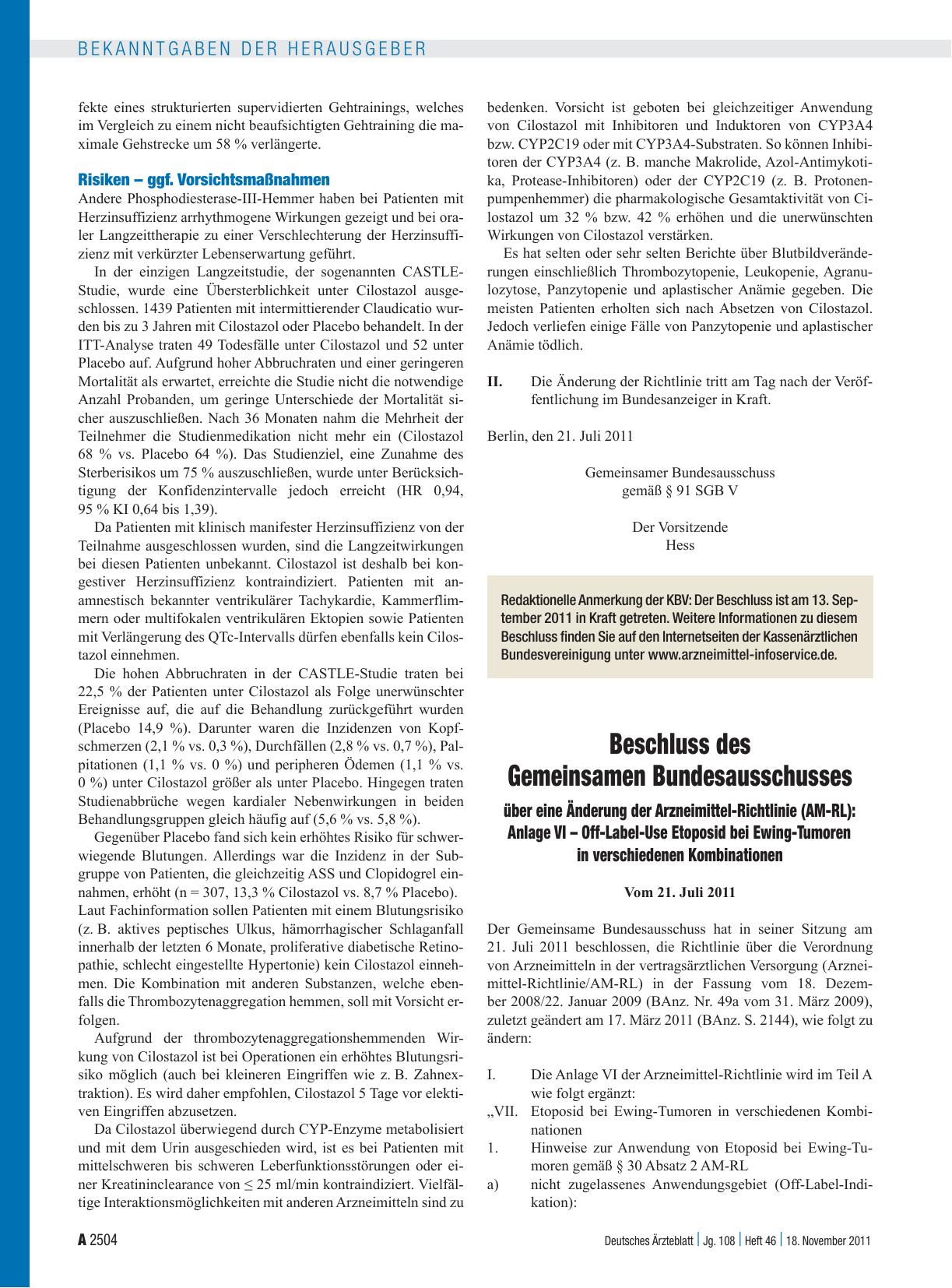 Vorschauseite 1: Beschluss des Gemeinsamen Bundesausschusses über eine Änderung der Arzneimittel-Richtlinie (AM-RL): Anlage VI – Off-Label-Use Etoposid bei Ewing-Tumoren in verschiedenen Kombinati…
