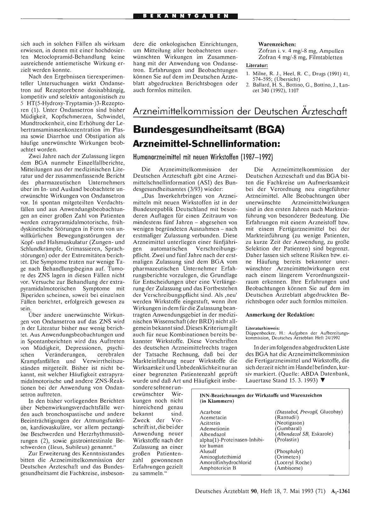 Vorschauseite 1: Bundesgesundheitsamt (BGA) Arzneimittel-Schnellinformation: Humanarzneimittel mit neuen Wirkstoffen (1987-1992)