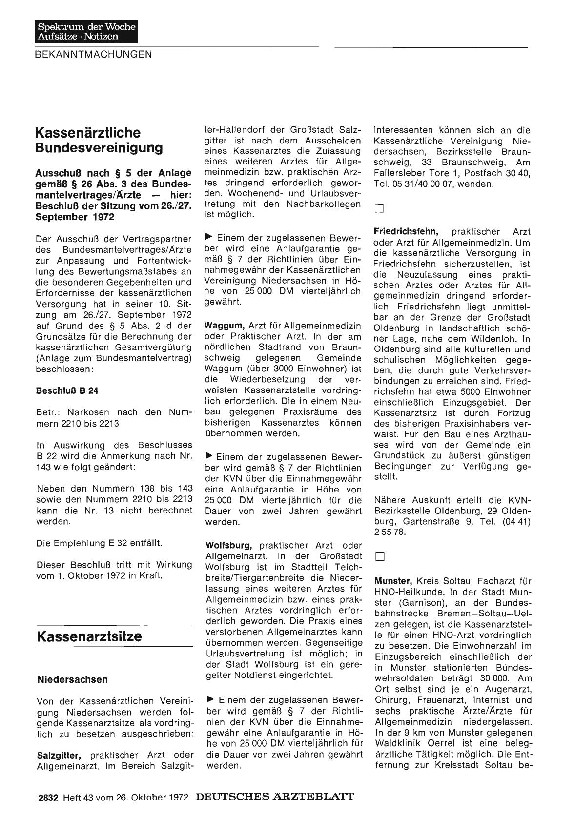 Vorschauseite 1: Kassenärztliche Bundesvereinigung: Ausschuß nach § 5 der Anlage gemäß § 26 Abs. 3 des Bundesmantelvertrages/Ärzte - hier: Beschluß der Sitzung vom 26. /27. September 1972
