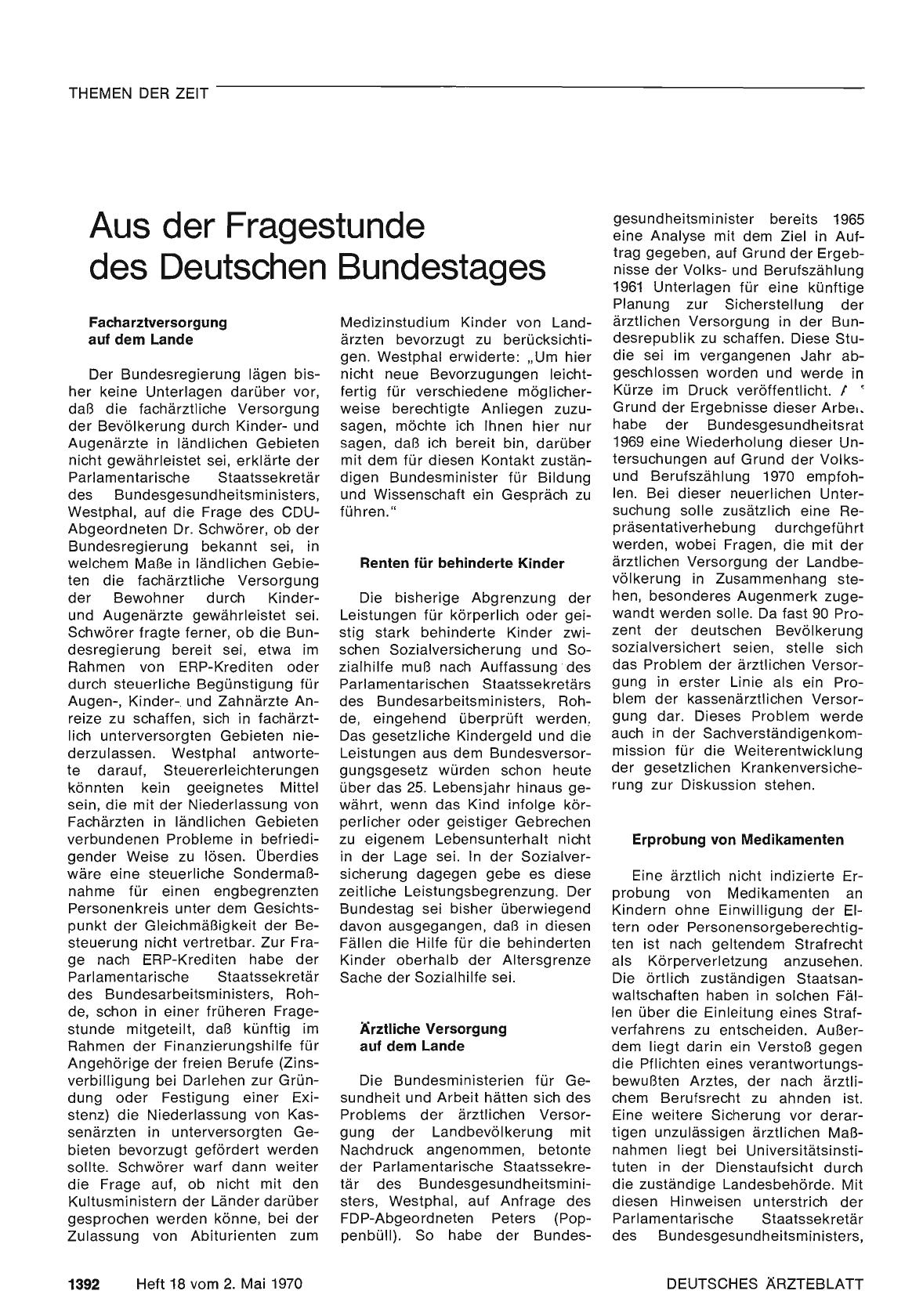 Vorschauseite 1: Aus der Fragestunde des Deutschen Bundestages