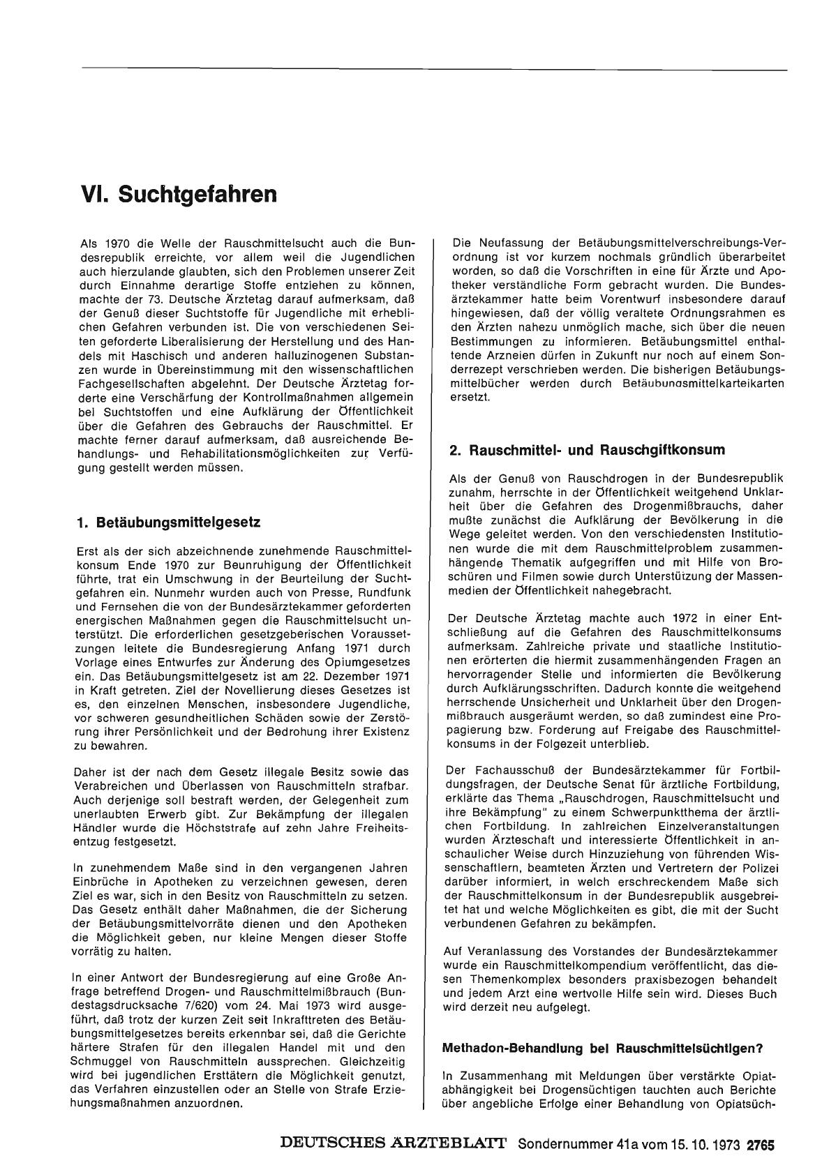 Vorschauseite 1: Bericht über das Jahr 1972/73: B. Gesundheitspolitik in Einzeldarstellungen: VI. Suchtgefahren