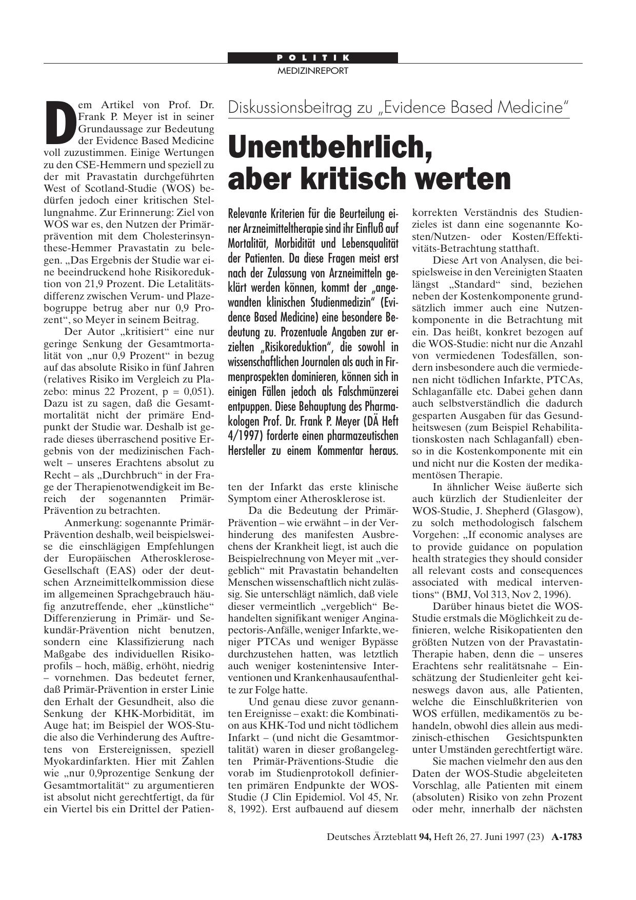 Vorschauseite 1: Diskussionsbeitrag zu „Evidence Based Medicine“: Unentbehrlich, aber kritisch werten