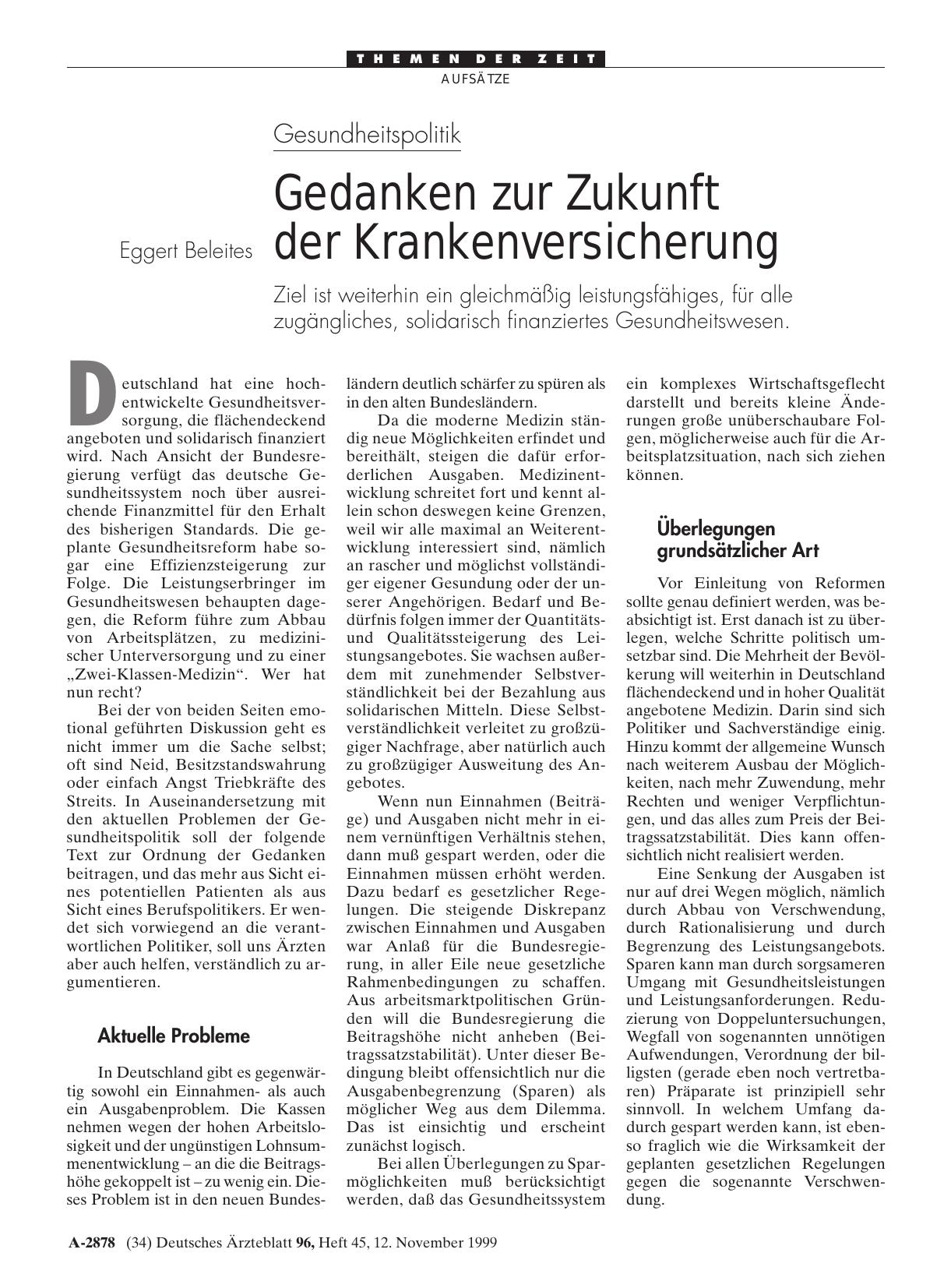 Vorschauseite 1: Gesundheitspolitik: Gedanken zur Zukunft der Krankenversicherung