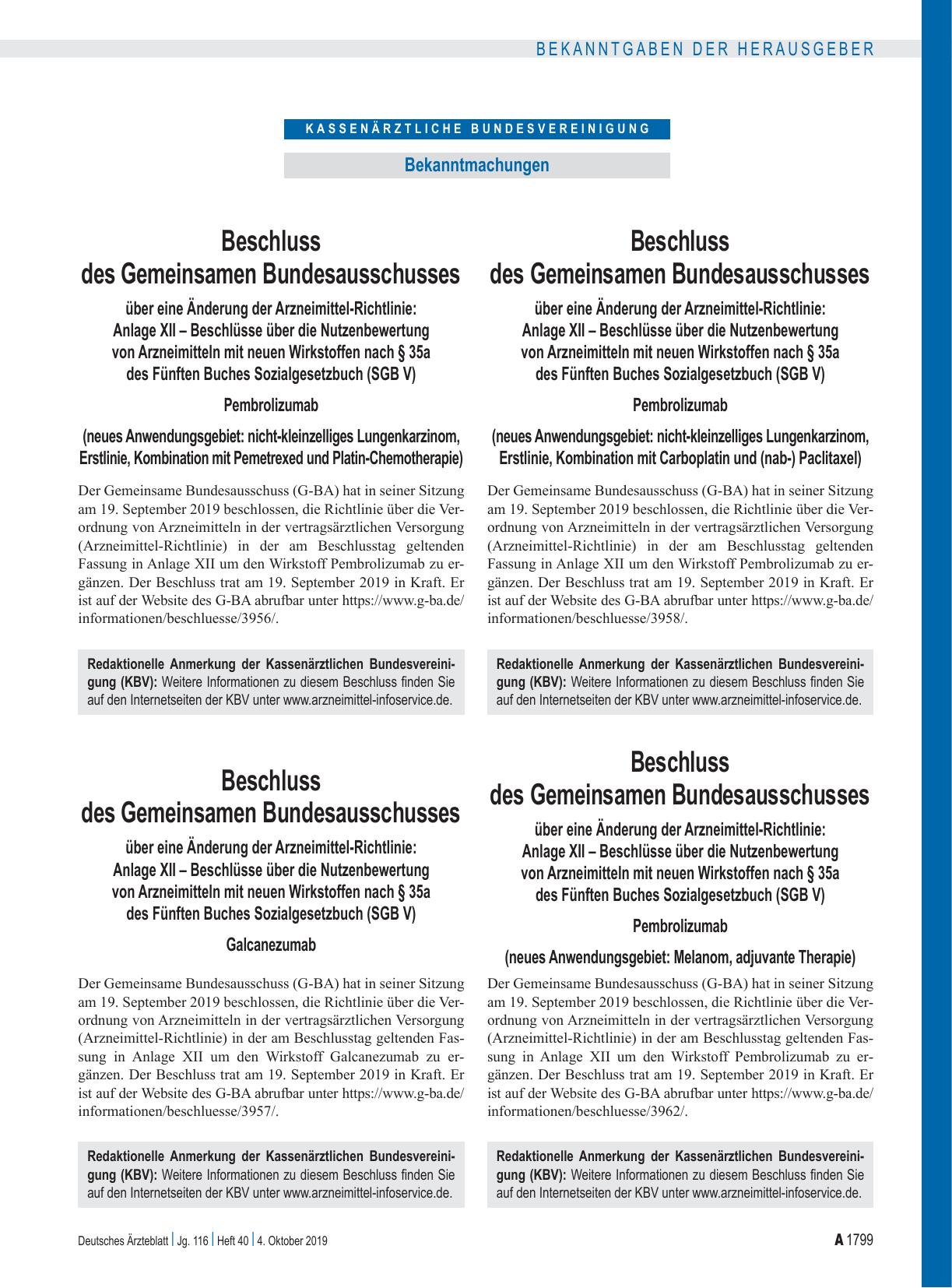 Vorschauseite 1: Beschluss des Gemeinsamen Bundesausschusses über eine Änderung der Arzneimittel-Richtlinie: Anlage XII – Galcanezumab