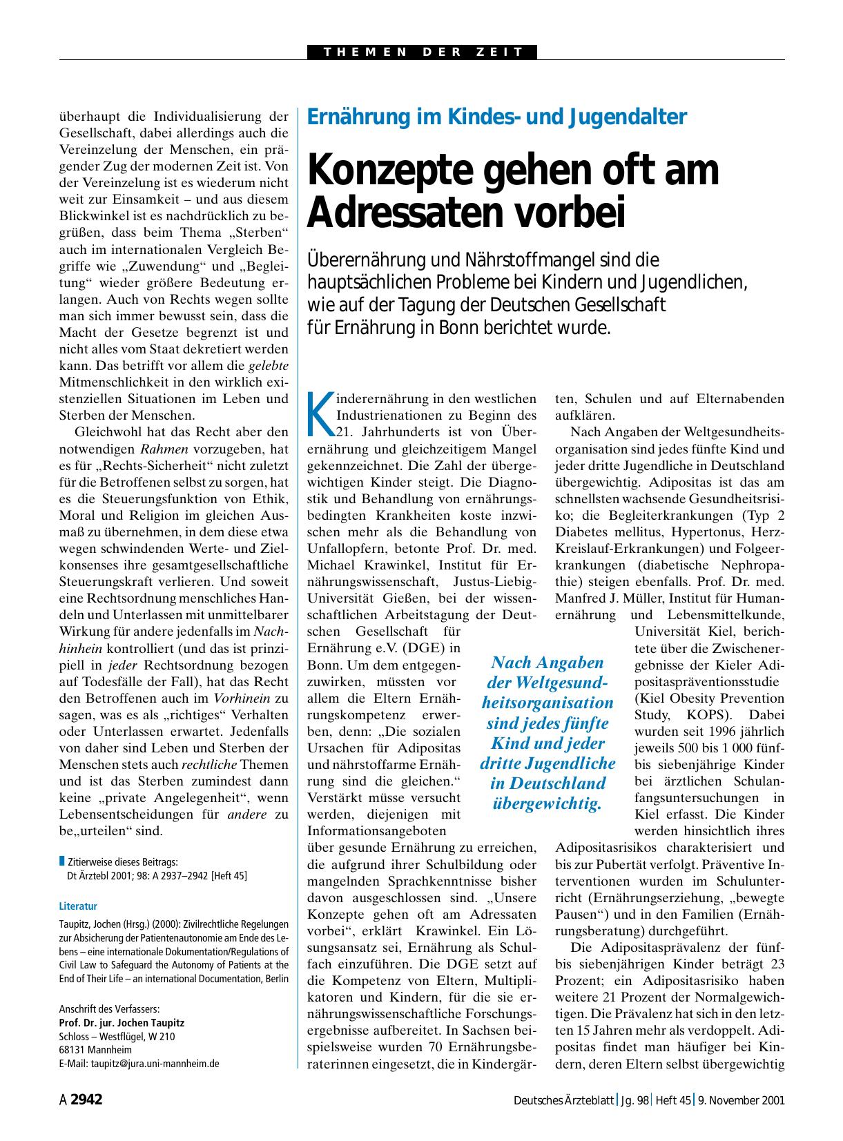 Vorschauseite 1: Ernährung im Kindesund Jugendalter: Konzepte gehen oft am Adressaten vorbei
