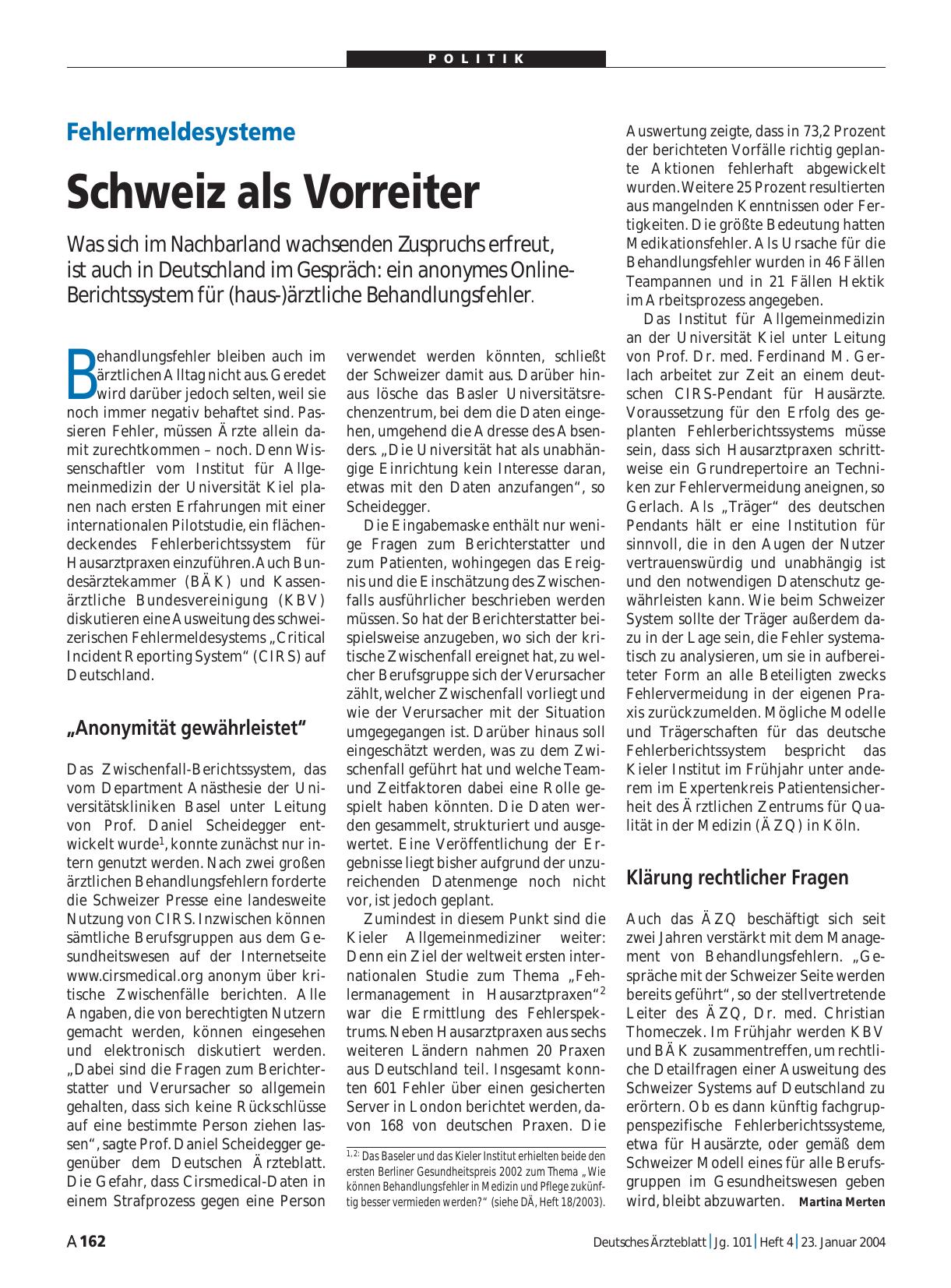 Vorschauseite 1: Fehlermeldesysteme: Schweiz als Vorreiter