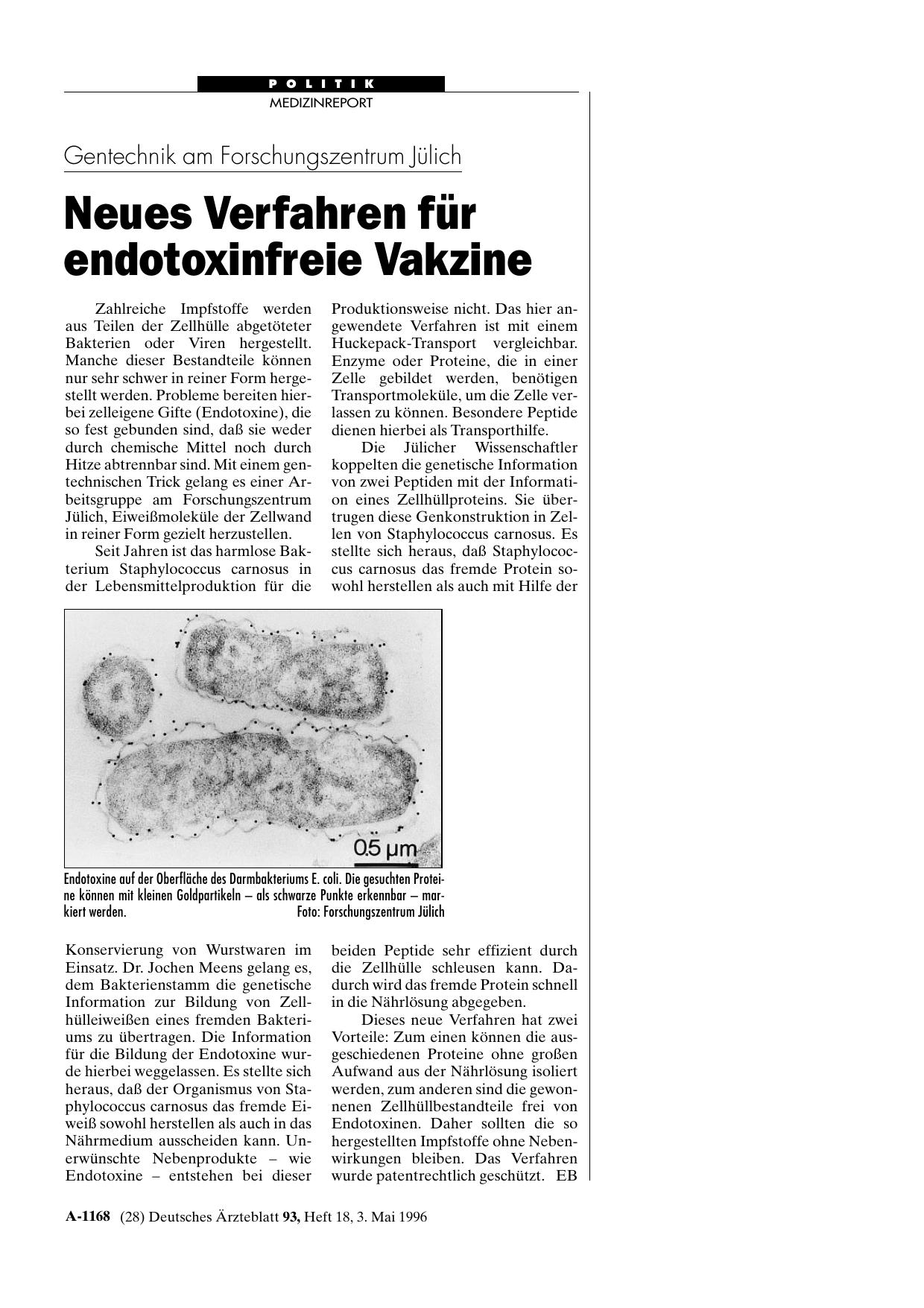 Vorschauseite 1: Gentechnik am Forschungszentrum Jülich: Neues Verfahren für endotoxinfreie Vakzine