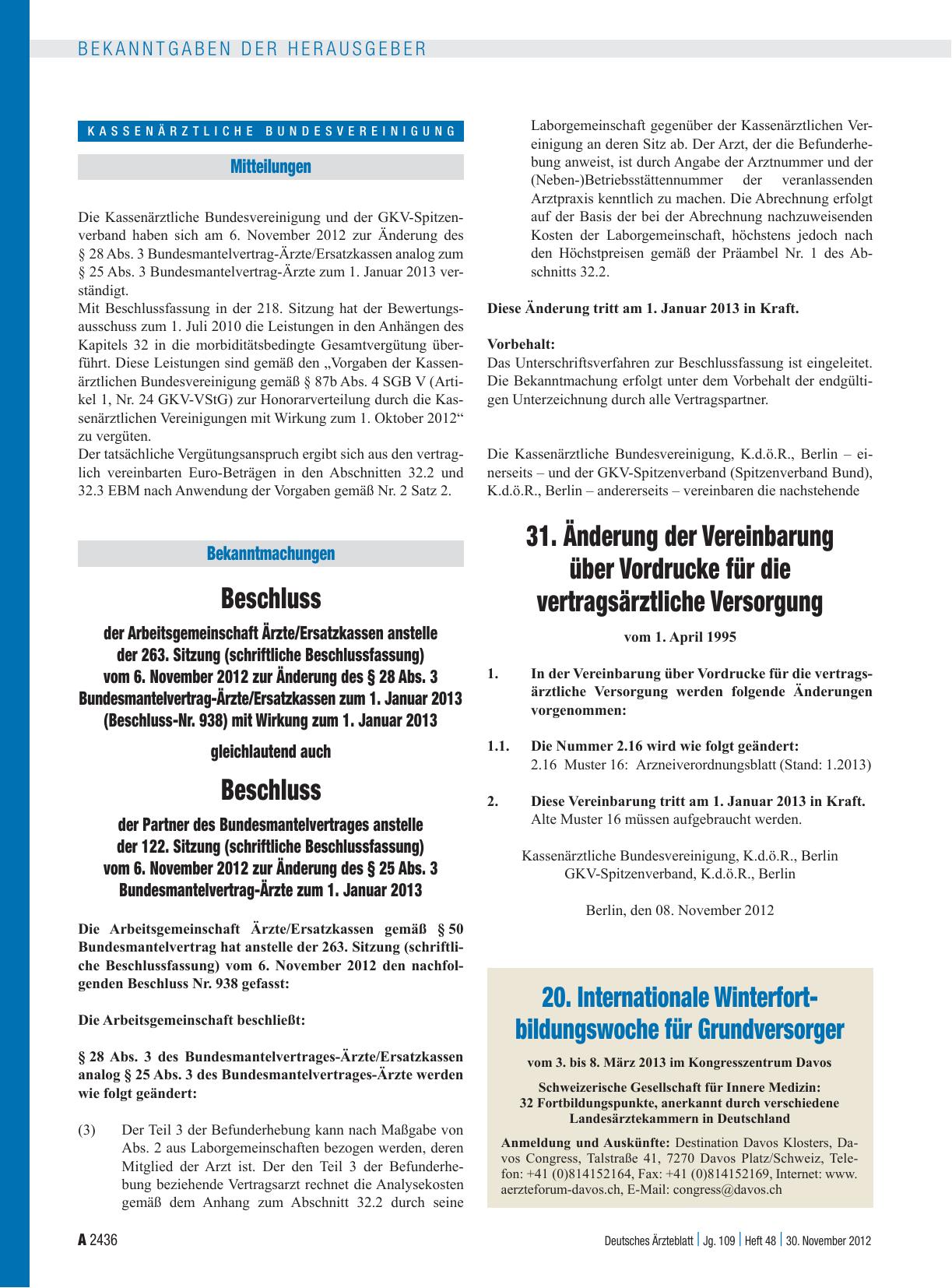 Vorschauseite 1: Beschluss der Arbeitsgemeinschaft Ärzte/Ersatzkassen anstelle der 263. Sitzung (schriftliche Beschlussfassung) vom 6. November 2012 zur Änderung des § 28 Abs. 3 Bundesmantelvertra…