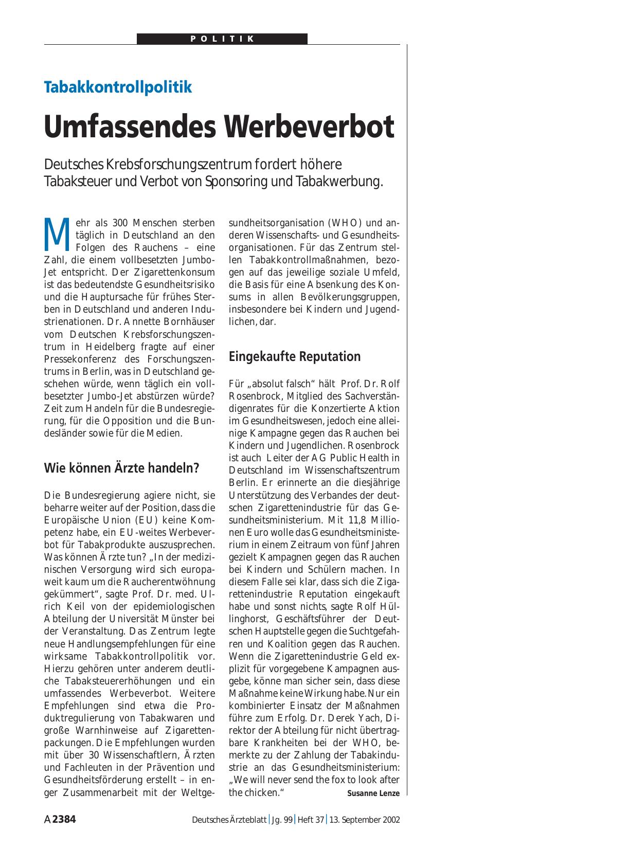 Vorschauseite 1: Tabakkontrollpolitik: Umfassendes Werbeverbot