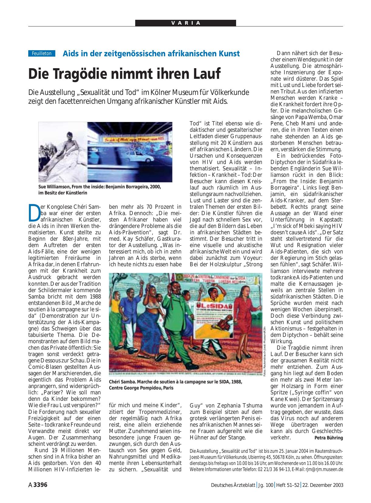 Vorschauseite 1: Aids in der zeitgenössischen afrikanischen Kunst: Die Tragödie nimmt ihren Lauf