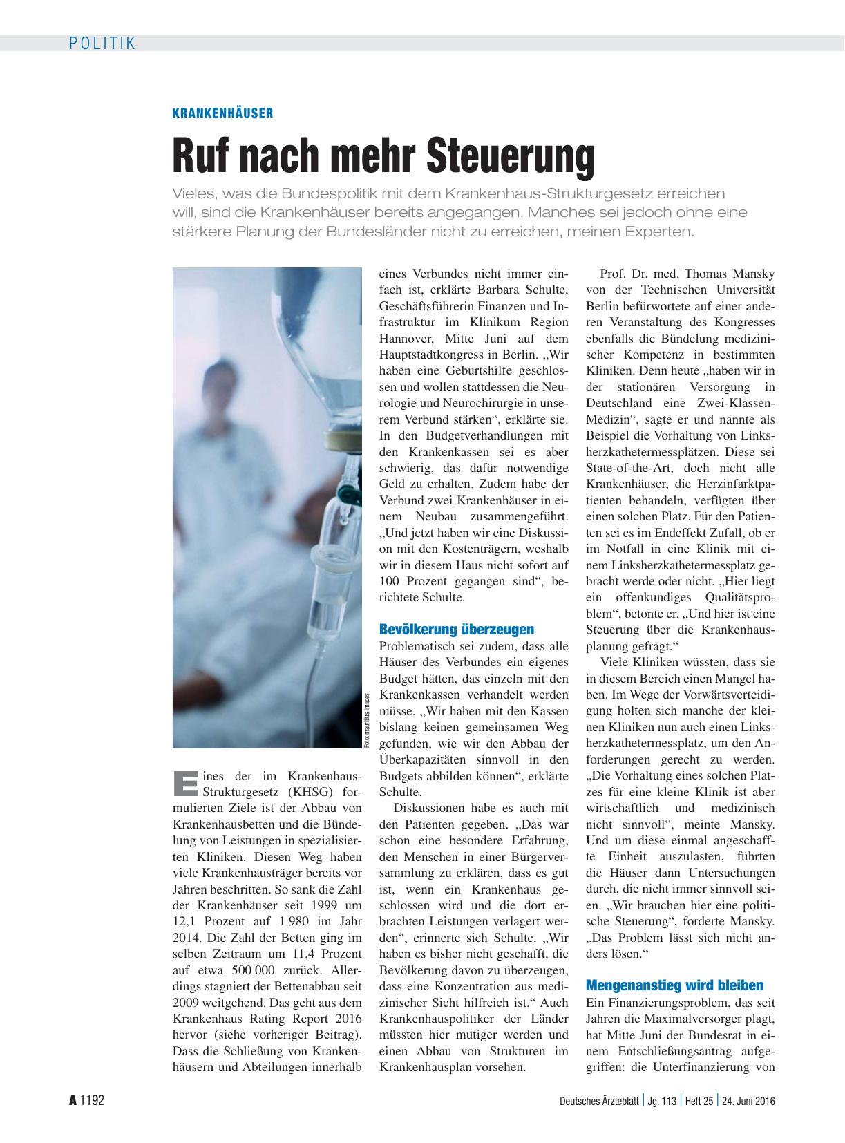 Vorschauseite 1: Krankenhäuser: Ruf nach mehr Steuerung