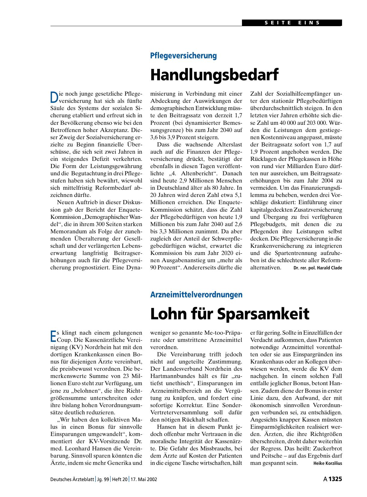 Vorschauseite 1: Pflegeversicherung: Handlungsbedarf