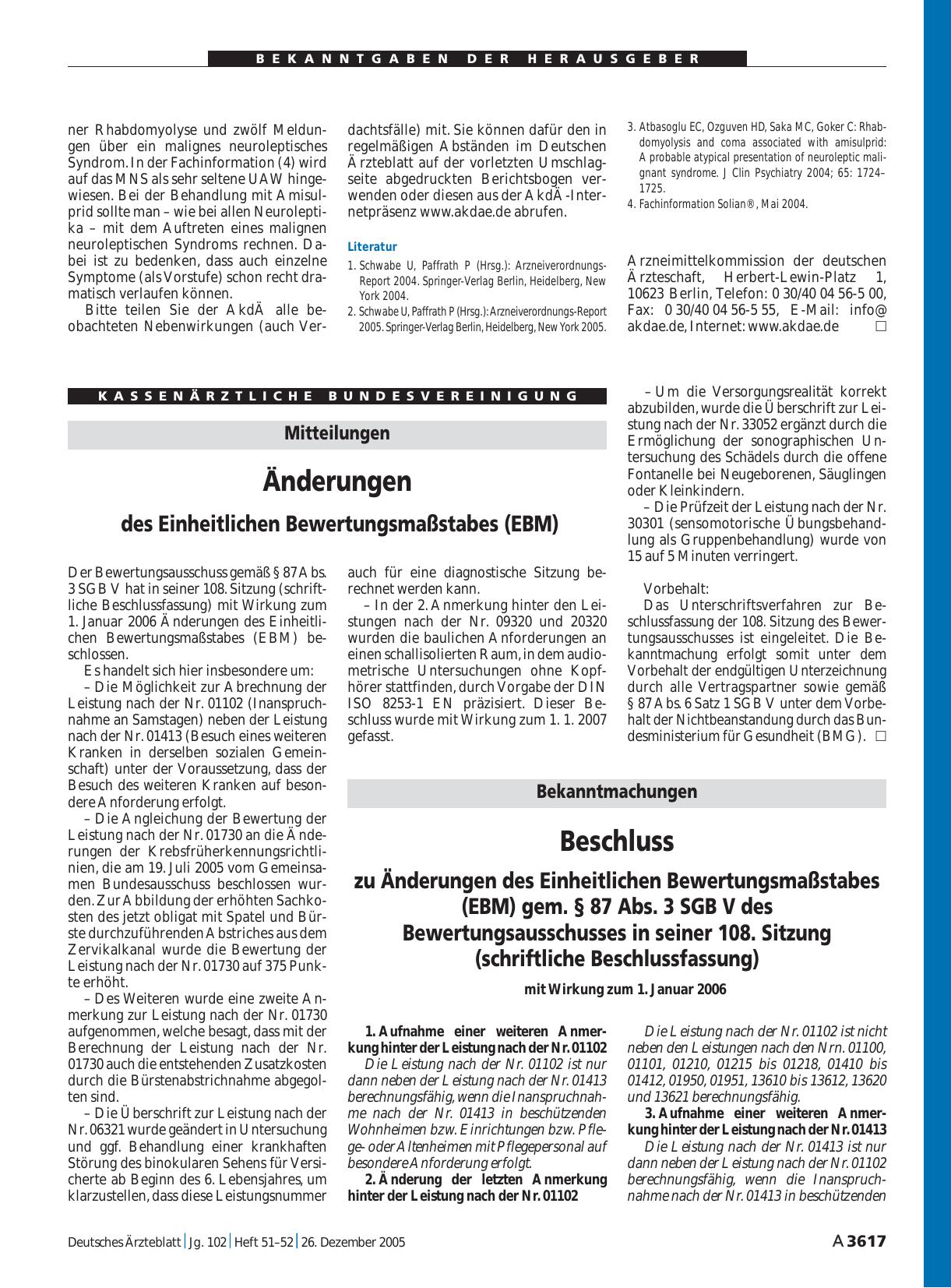 Vorschauseite 1: Mitteilungen: Änderungen des Einheitlichen Bewertungsmaßstabes (EBM)