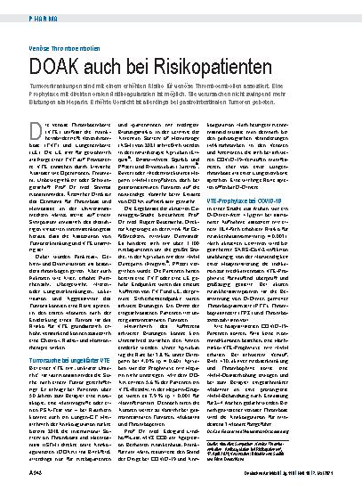 Vorschauseite 1: Venöse Thromboembolien: DOAK auch bei Risikopatienten