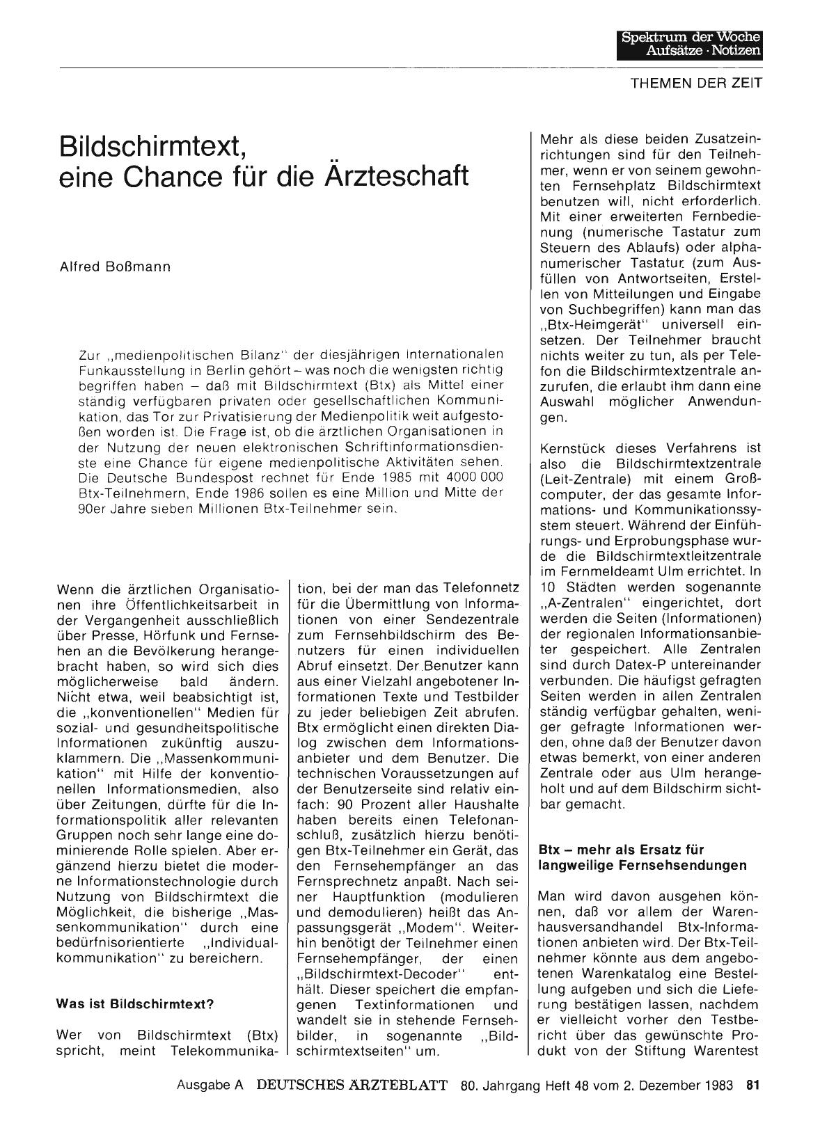 Vorschauseite 1: Bildschirmtext, eine Chance für die Ärzteschaft