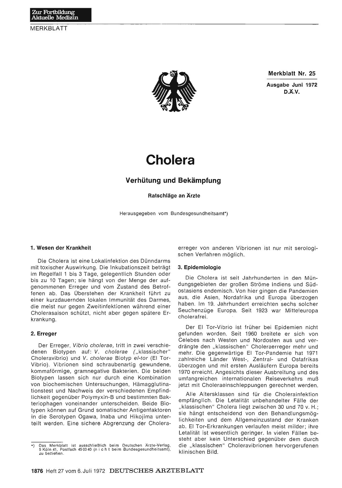 Vorschauseite 1: Cholera: Verhütung und Bekämpfung — Ratschläge an Ärzte