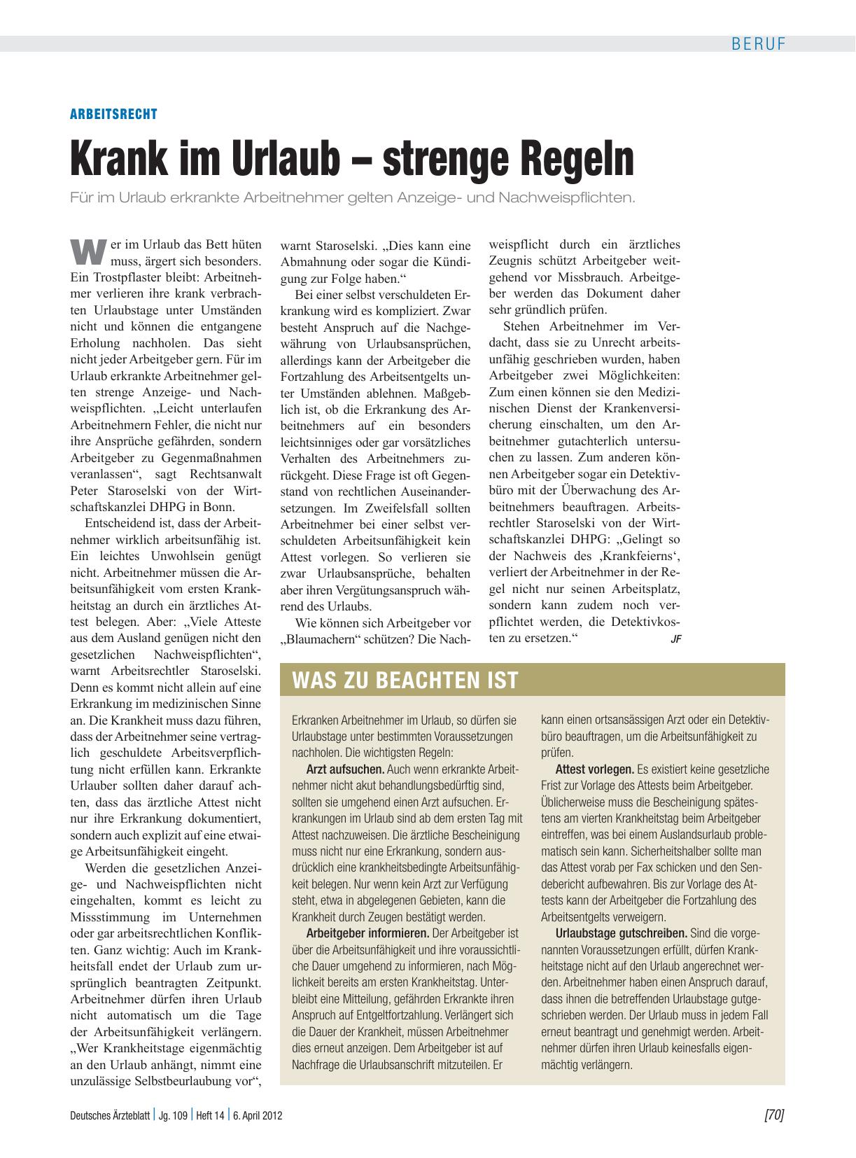 Vorschauseite 1: Arbeitsrecht: Krank im Urlaub – strenge Regeln