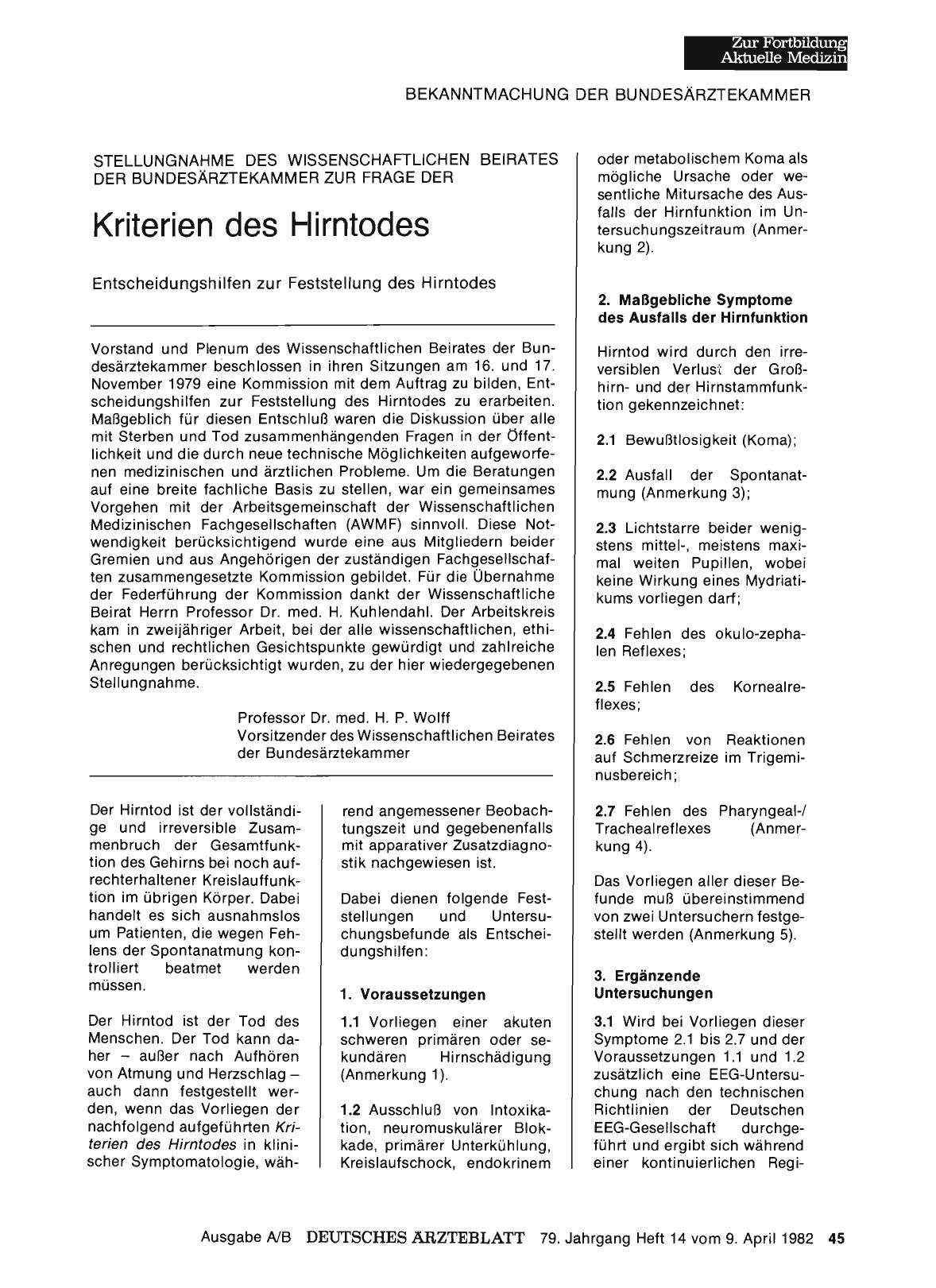 Vorschauseite 1: Stellungnahme des Wissenschaftlichen Beirates der Bundesärztekammer zur Frage der Kriterien des Hirntodes