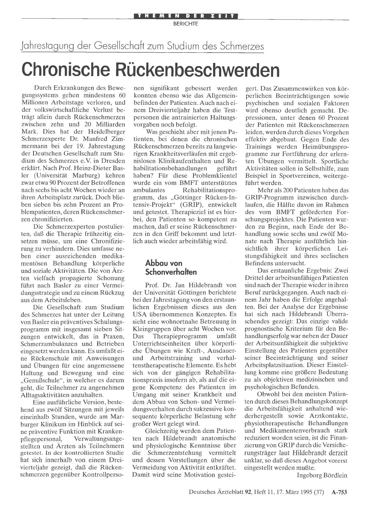 Vorschauseite 1: Jahrestagung der Gesellschaft zum Studium des Schmerzes: Chronische Rückenbeschwerden