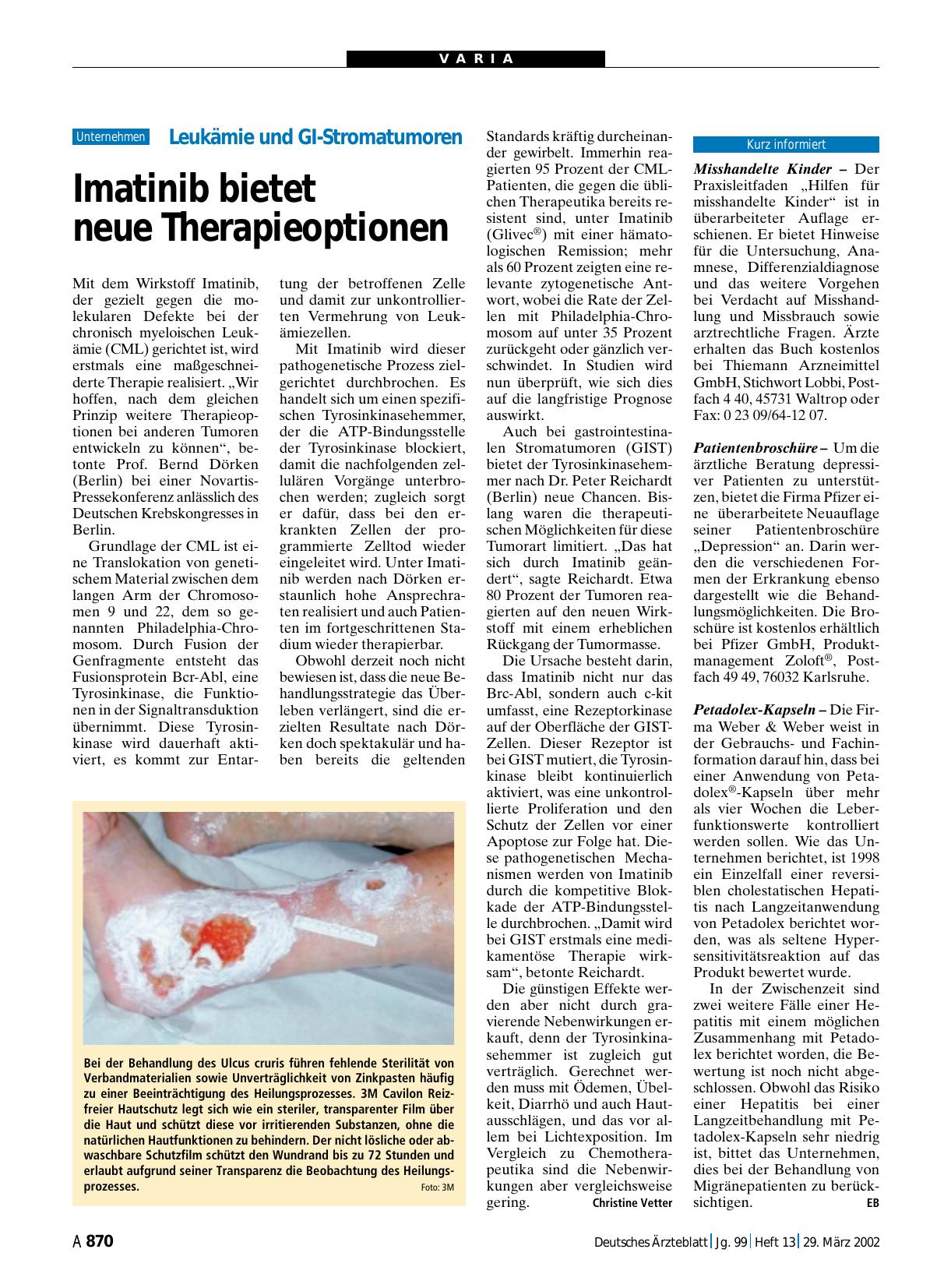 Vorschauseite 1: Leukämie und GI-Stromatumoren: Imatinib bietet neue Therapieoptionen