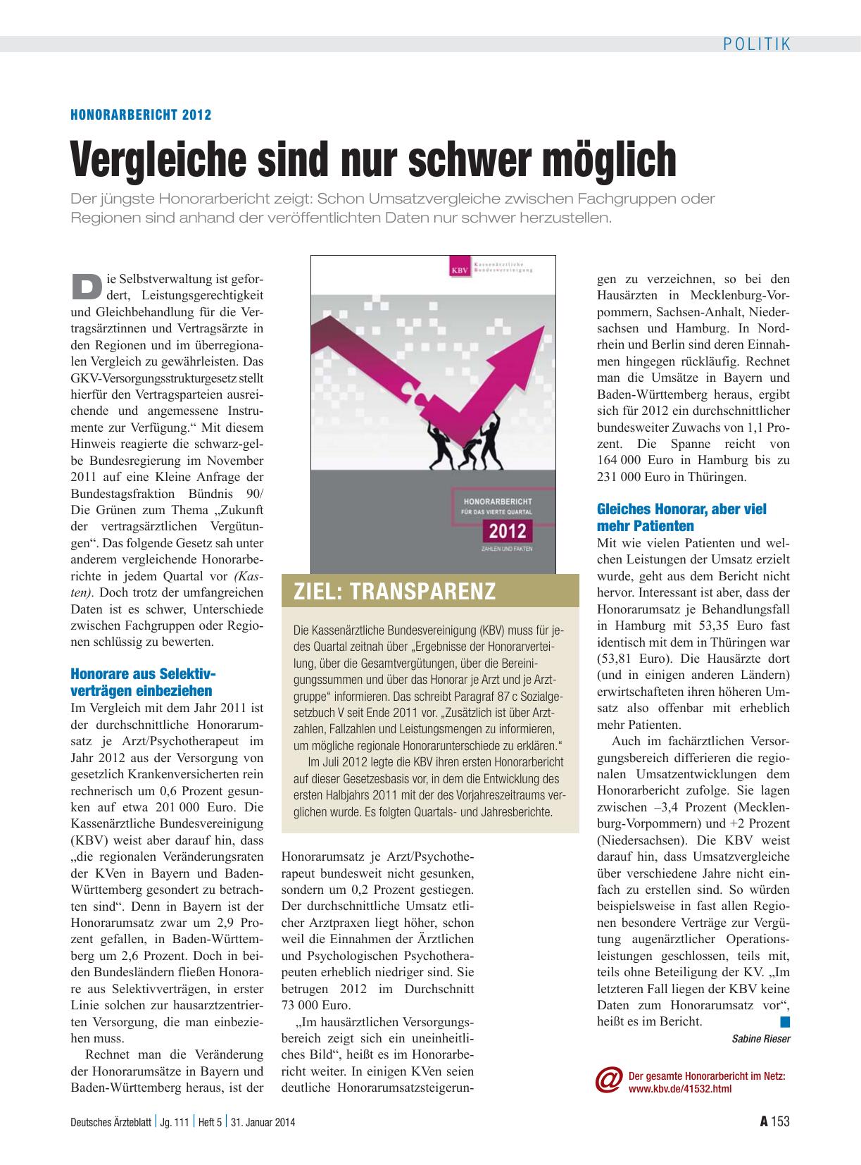 Vorschauseite 1: Honorarbericht 2012: Vergleiche sind nur schwer möglich