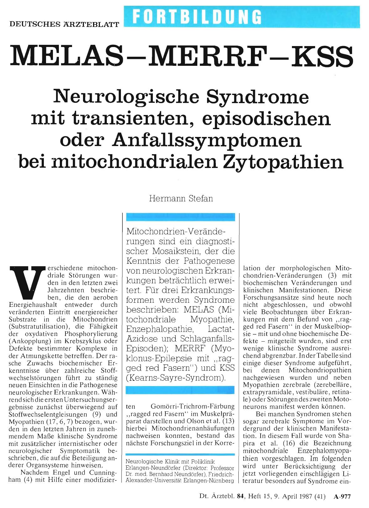 Vorschauseite 1: MELAS-MERRF-KSS: Neurologische Syndrome mit transienten, episodischen oder Anfallssymptomen bei mitochondrialen Zytopathien