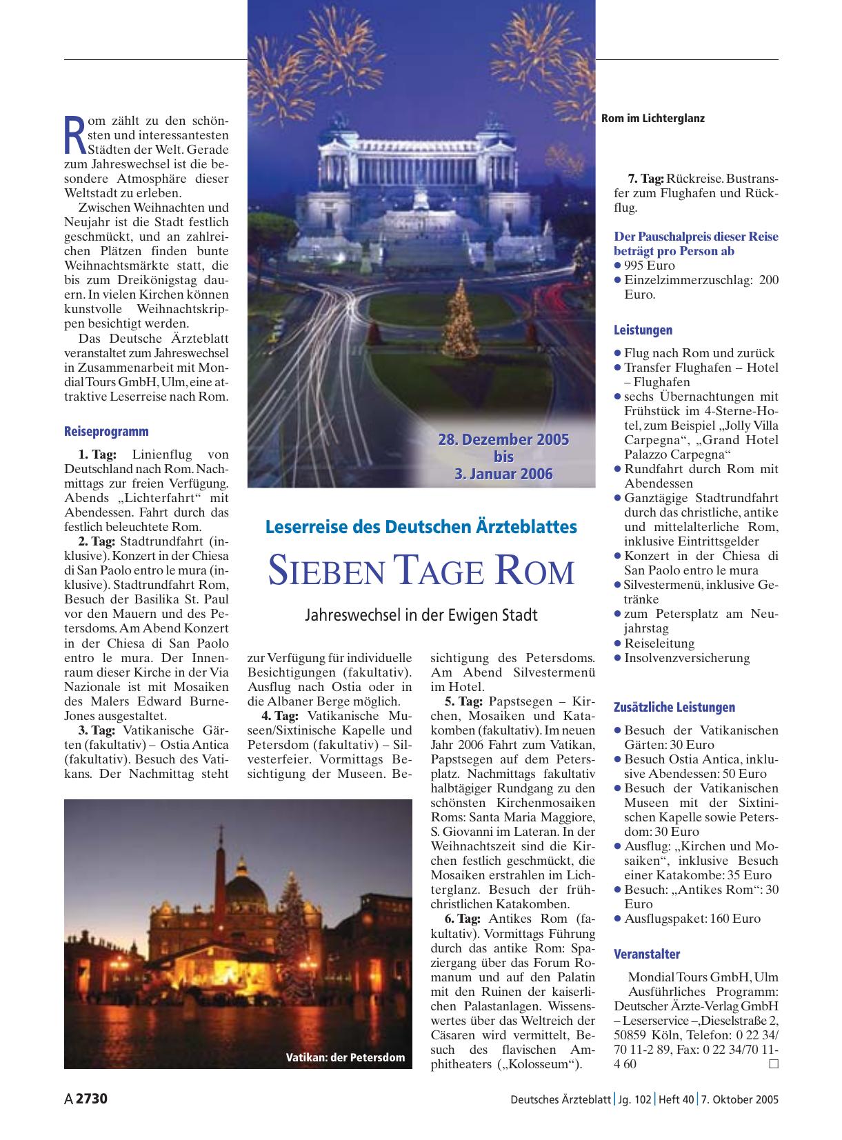 Vorschauseite 1: Leserreise des Deutschen Ärzteblattes: Sieben Tage Rom