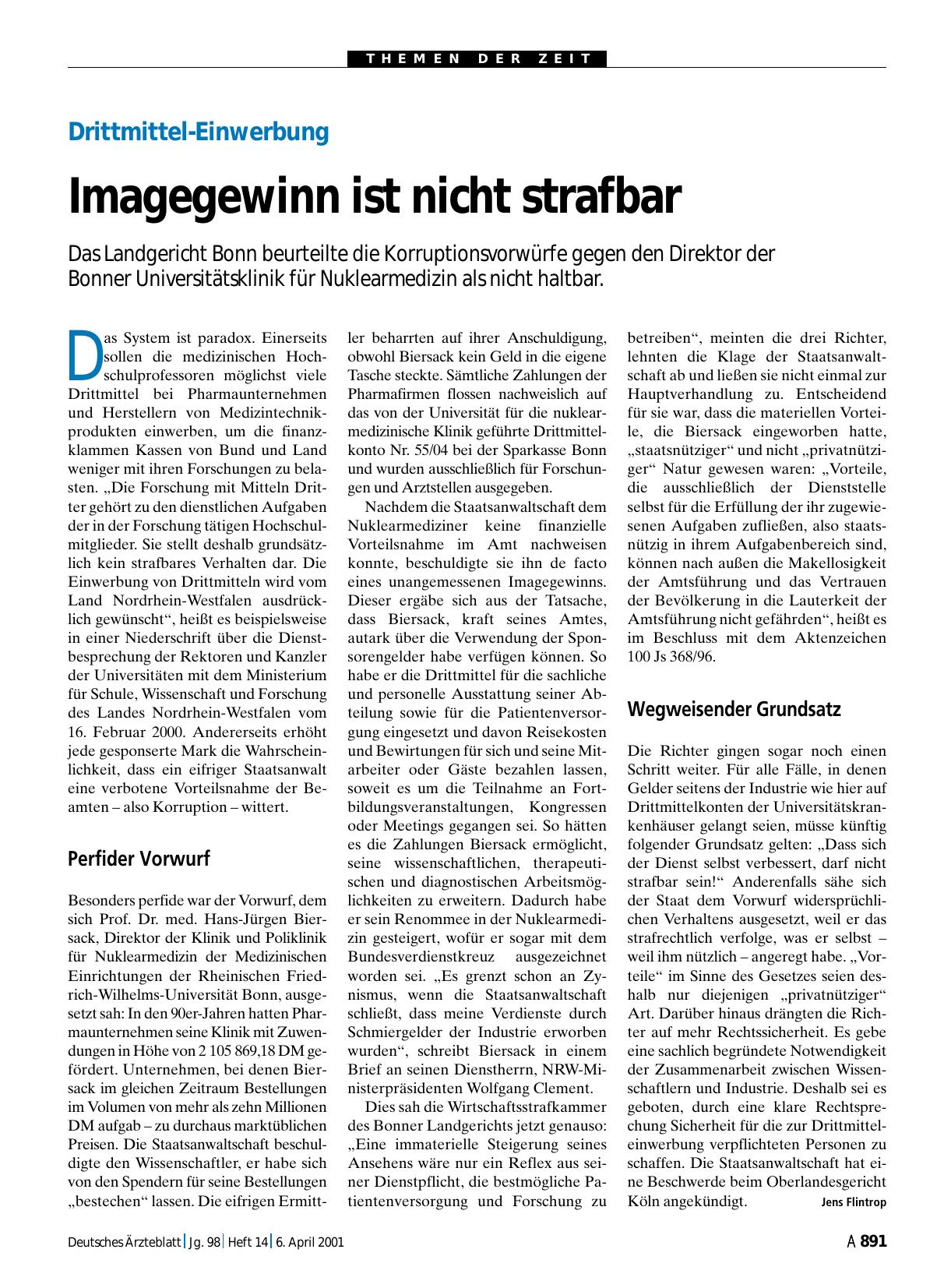 Vorschauseite 1: Drittmittel-Einwerbung: Imagegewinn ist nicht strafbar