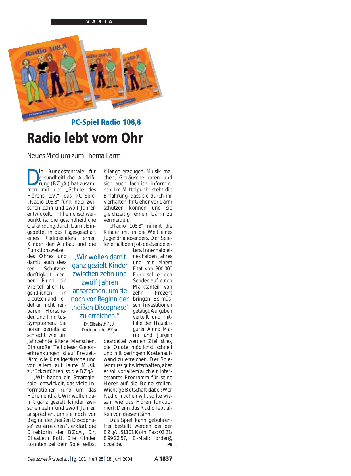 Vorschauseite 1: PC-Spiel Radio 108, 8: Radio lebt vom Ohr
