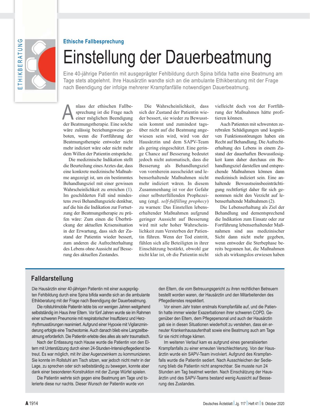 Vorschauseite 1: Ethische Fallbesprechung: Einstellung der Dauerbeatmung