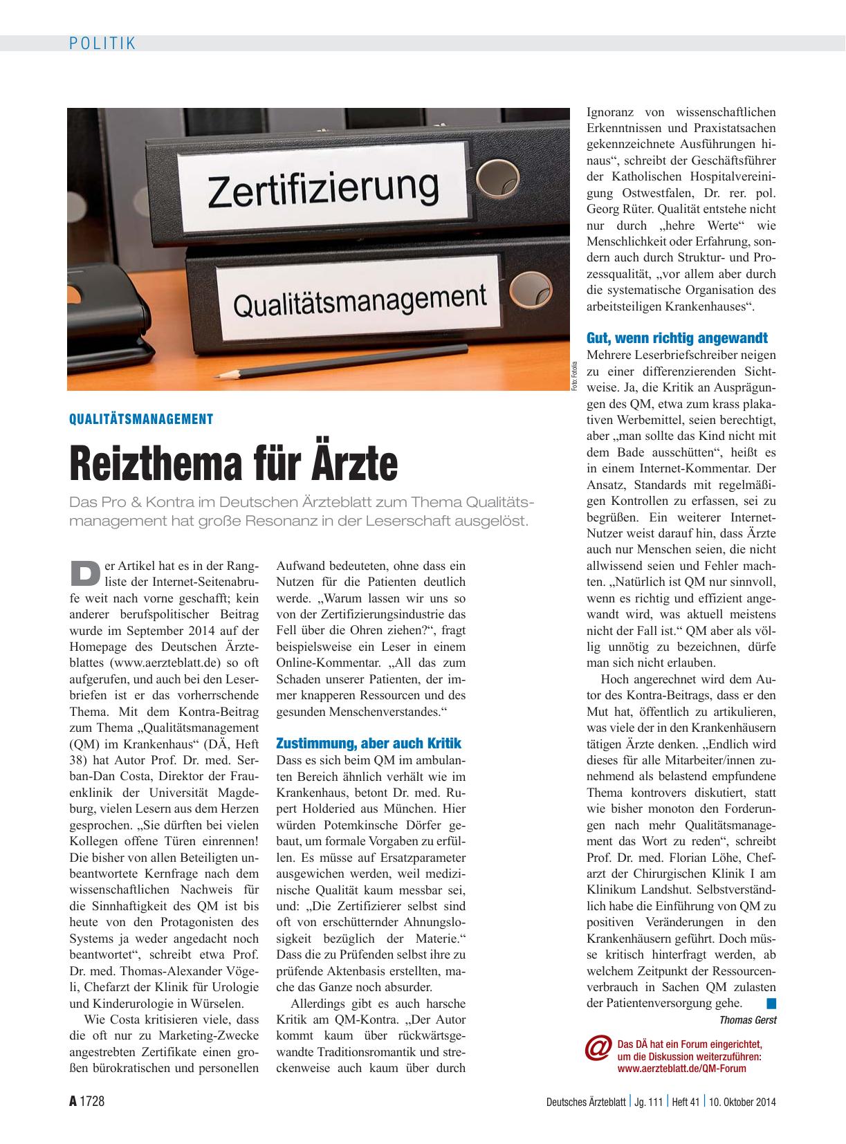 Vorschauseite 1: Qualitätsmanagement: Reizthema für Ärzte