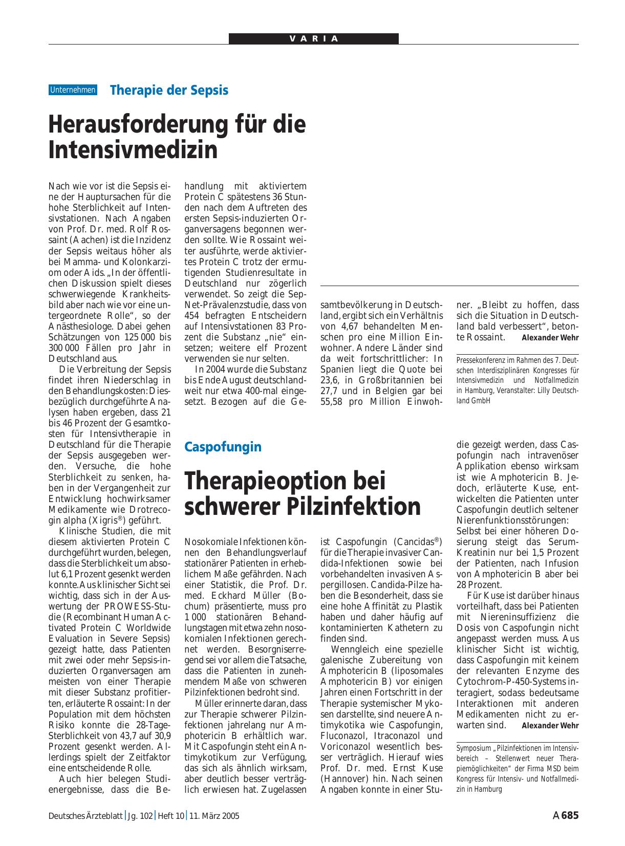 Vorschauseite 1: Caspofungin: Therapieoption bei schwerer Pilzinfektion