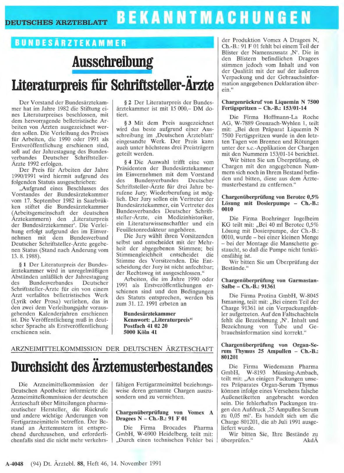 Vorschauseite 1: ARZNEIMITTELKOMMISSION DER DEUTSCHEN ÄRZTESCHAFT. Durchsicht des Ärztemusterbestandes