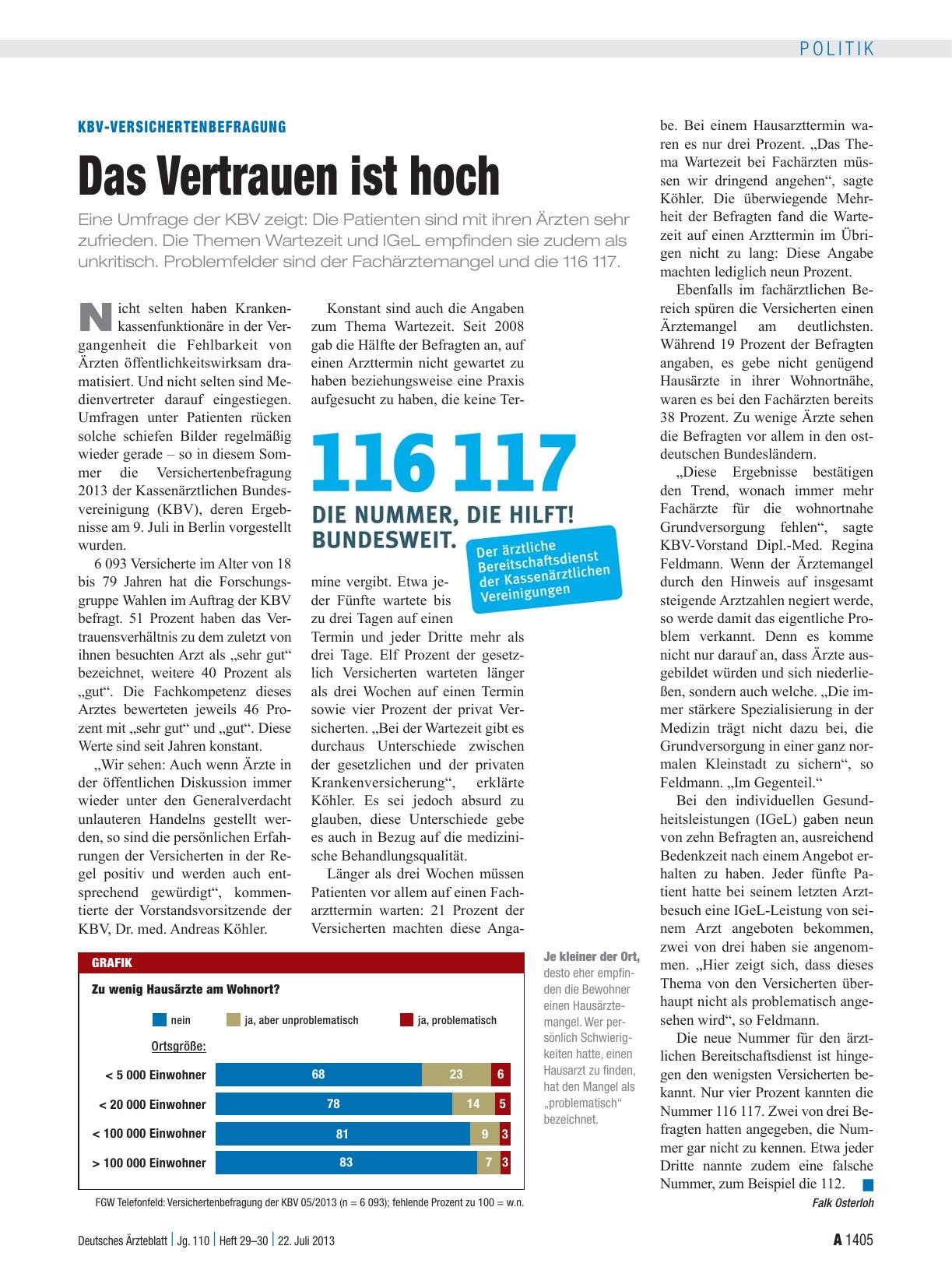 Vorschauseite 1: KBV-Versichertenbefragung: Das Vertrauen ist hoch