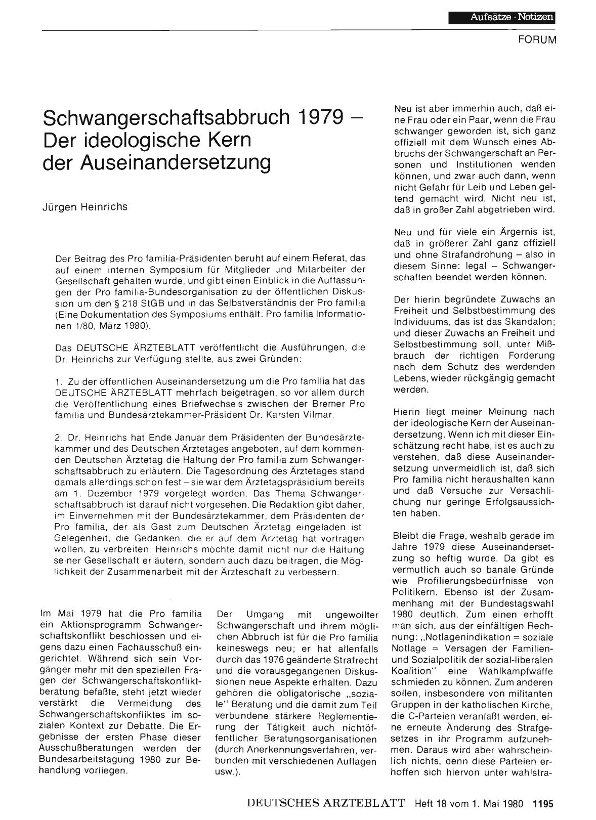 Vorschauseite 1: Schwangerschaftsabbruch 1979 — Der ideologische Kern der Auseinandersetzung