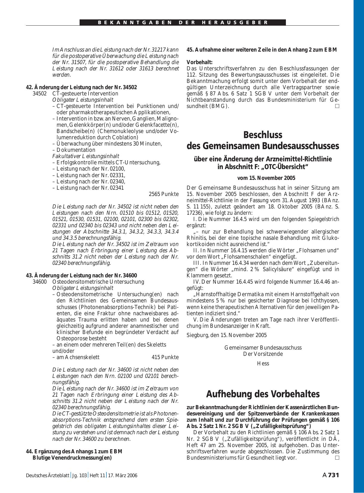 Vorschauseite 1: Beschluss des Gemeinsamen Bundesausschusses über eine Änderung der Arzneimittel-Richtlinie in Abschnitt F: „OTC-Übersicht“ vom 15. November 2005