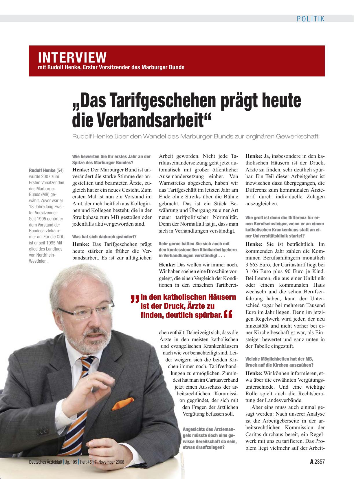 Vorschauseite 1: Interview mit Rudolf Henke, Erster Vorsitzender des Marburger Bunds: „Das Tarifgeschehen prägt heute die Verbandsarbeit“