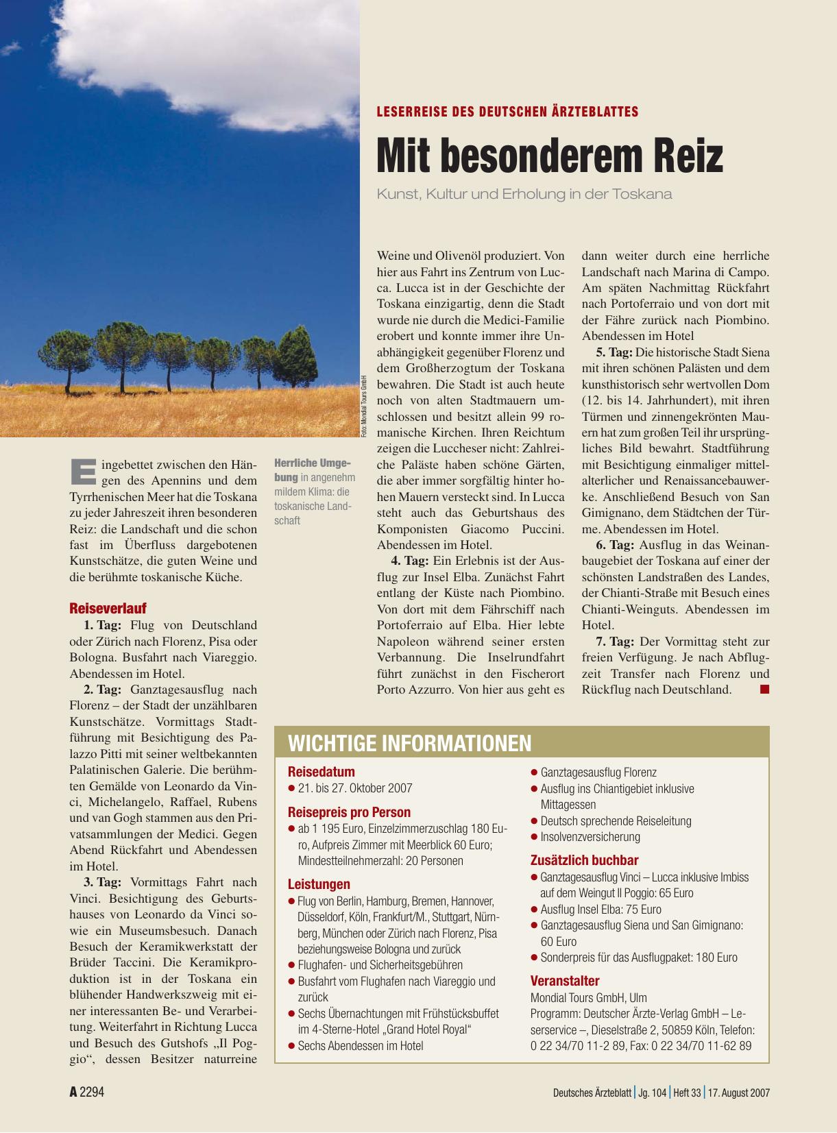 Vorschauseite 1: Leserreise des Deutschen Ärzteblattes: Mit besonderem Reiz – Kunst, Kultur und Erholung in der Toskana