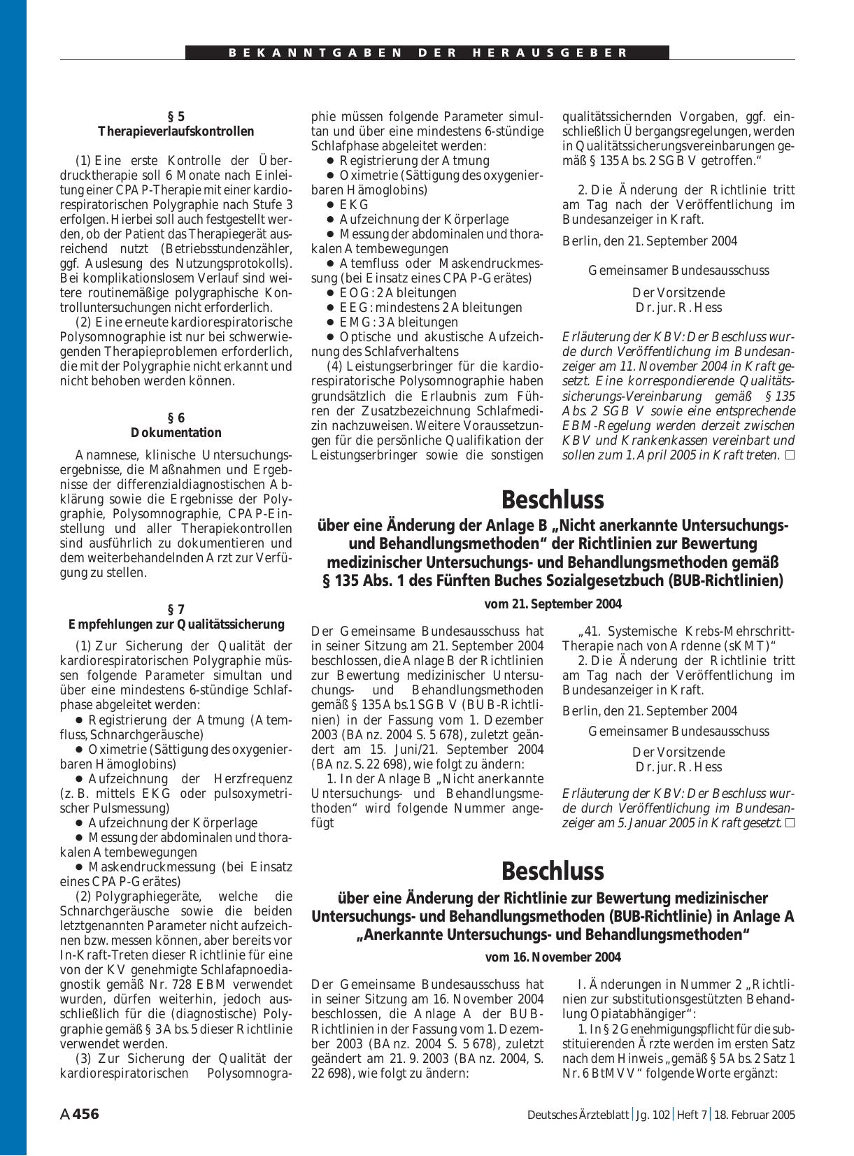 Vorschauseite 1: Beschluss über eine Änderung der Richtlinie zur Bewertung medizinischer Untersuchungsund Behandlungsmethoden (BUB-Richtlinie) in Anlage A „Anerkannte Untersuchungsund Behandlungsm…