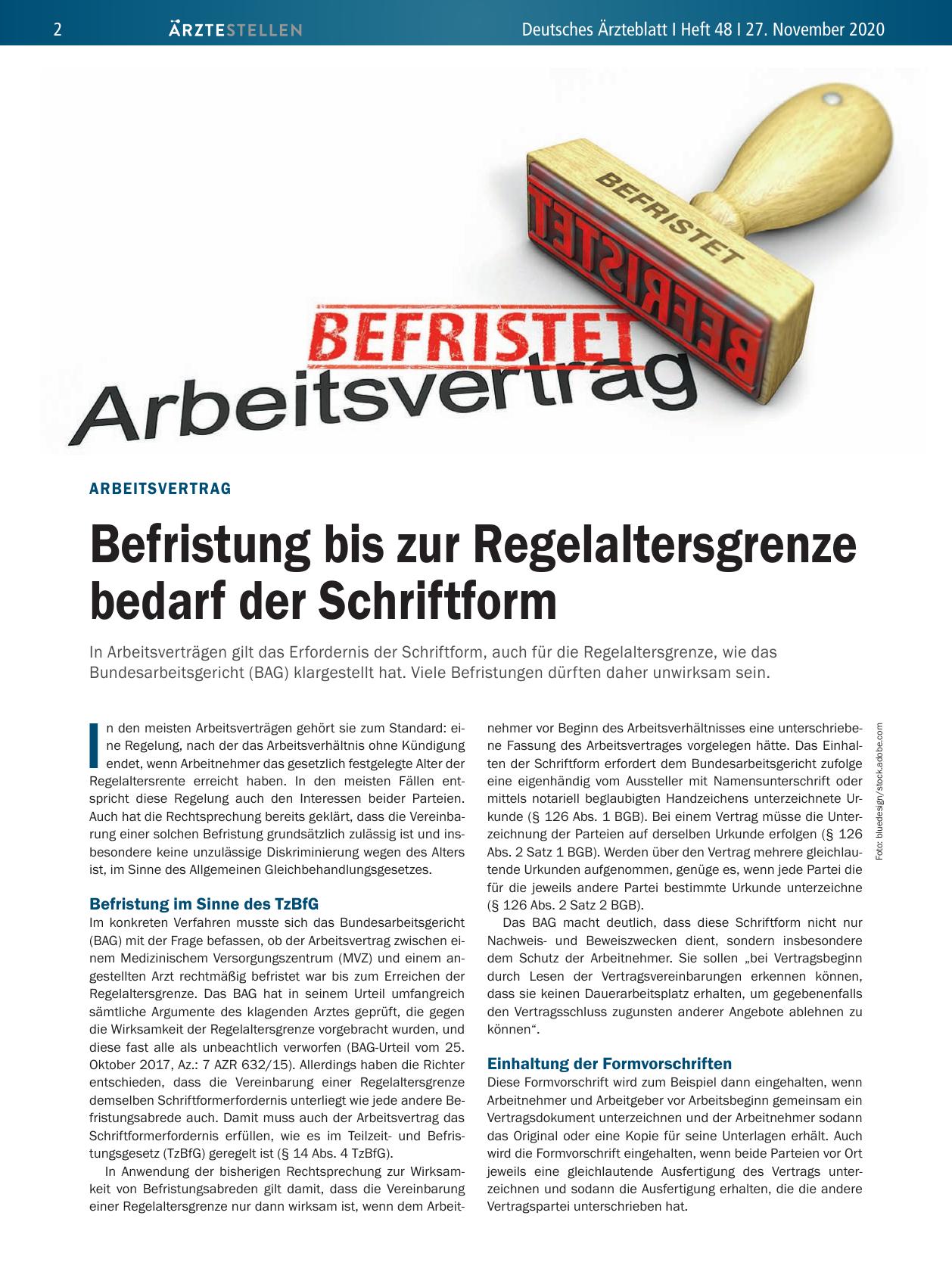 Vorschauseite 1: Arbeitsvertrag: Befristung bis zur Regelaltersgrenze bedarf der Schriftform