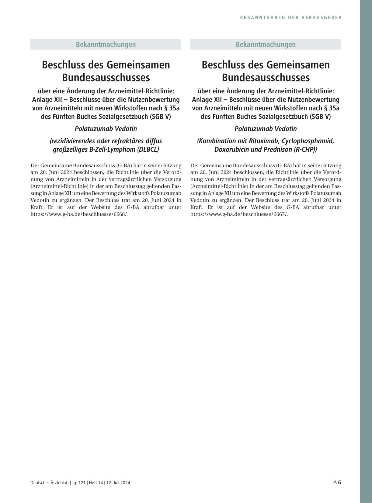 Vorschauseite 1: Beschluss des Gemeinsamen Bundesausschusses über eine Änderung der Arzneimittel-Richtlinie: Anlage XII – Polatuzumab Vedotin (Kombination mit Rituximab, Cyclophosphamid, Doxorubic…