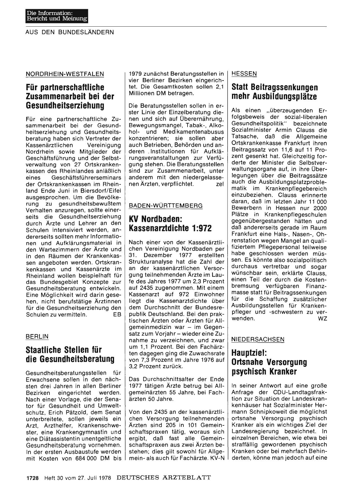 Vorschauseite 1: Nordrhein-Westfalen: Für partnerschaftliche Zusammenarbeit bei der Gesundheitserziehung